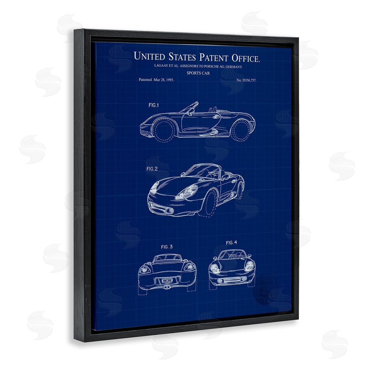 Sports Car Blueprint Black Floating Frame Canvas Wall Art, Home Decor by Karl Hronek