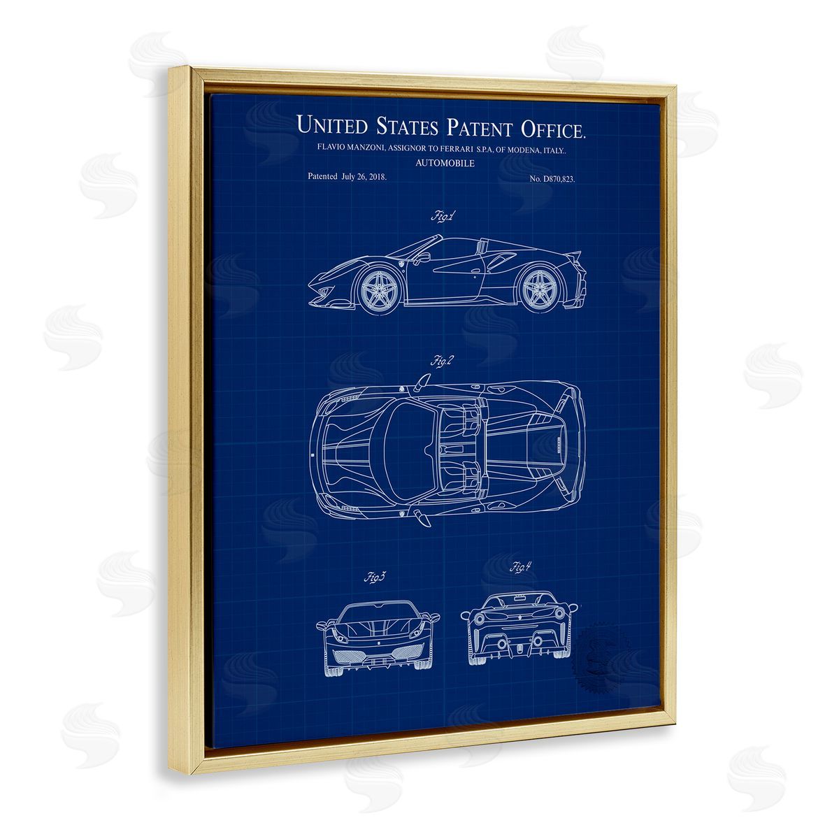 Detailed Automobile Blueprint Gold Floating Frame Canvas Wall Art, Home Decor by Karl Hronek