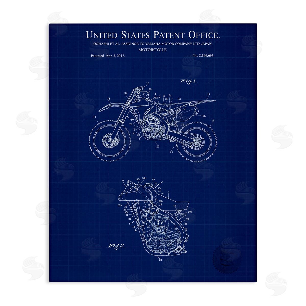 Blue Motorcycle Blueprint Canvas Wall Art, Home Decor by Karl Hronek