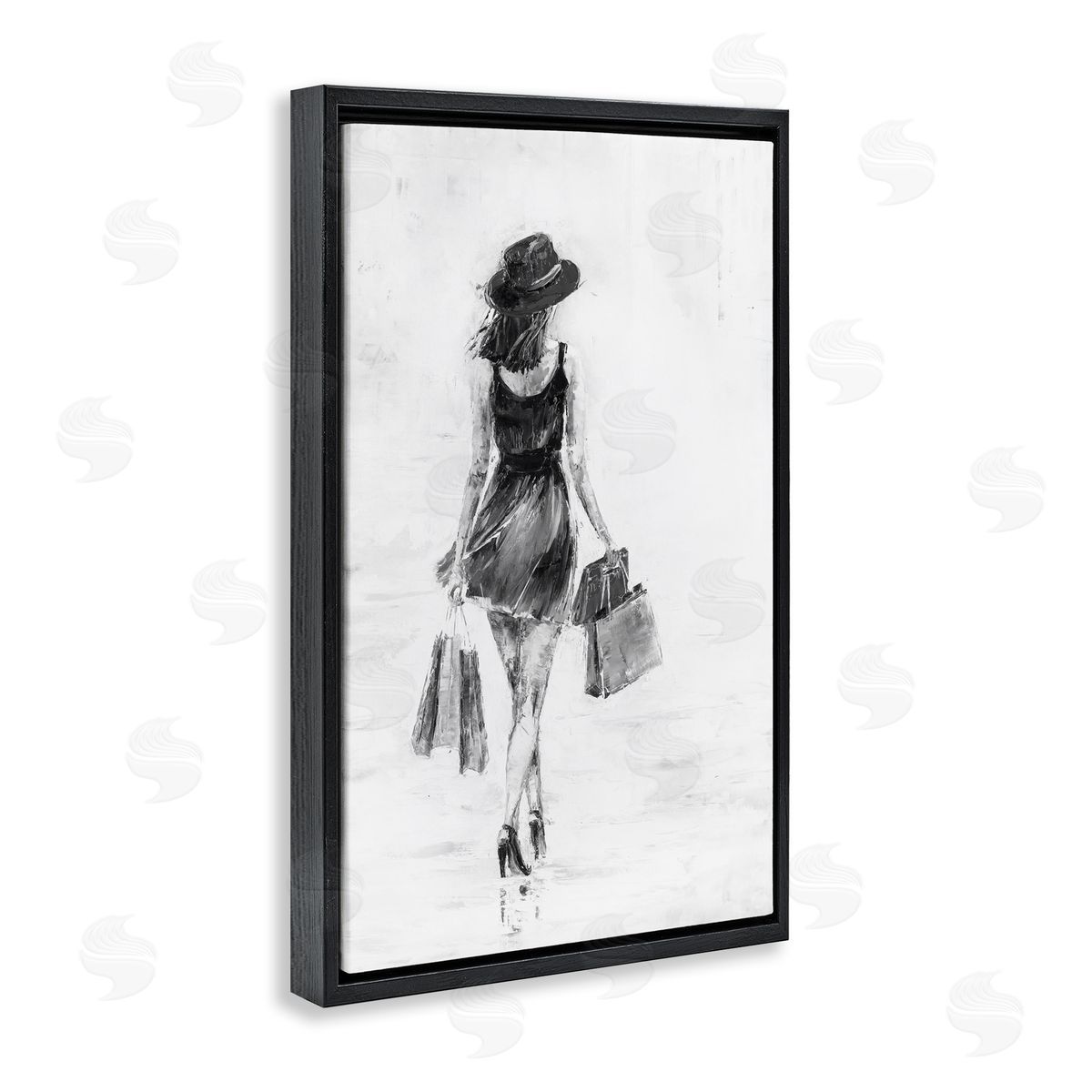 Girl with Shopping Bags Black Floating Frame Canvas Wall Art, Home Decor by Joklanta Kowalik
