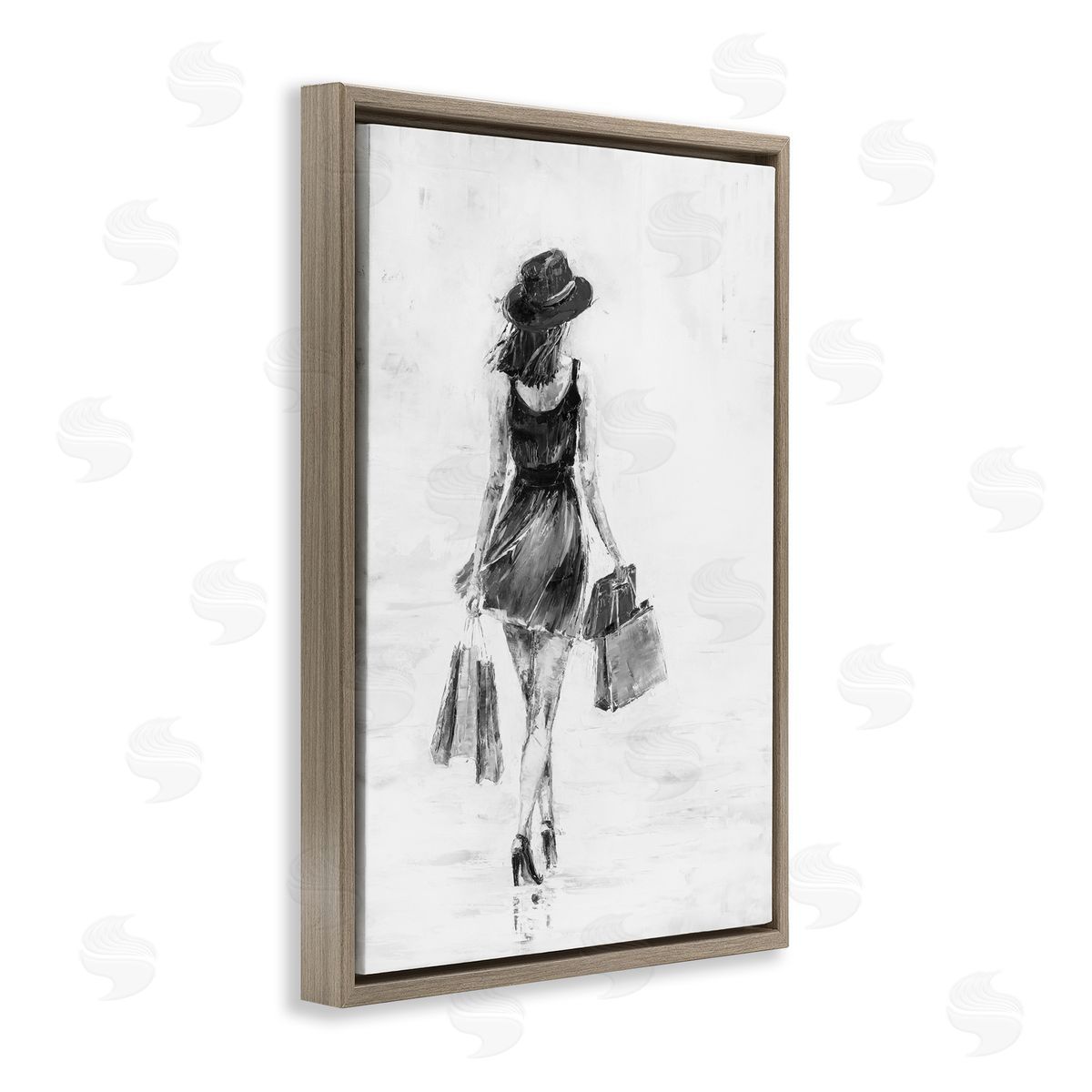 Girl with Shopping Bags Brown Floating Frame Canvas Wall Art, Home Decor by Joklanta Kowalik