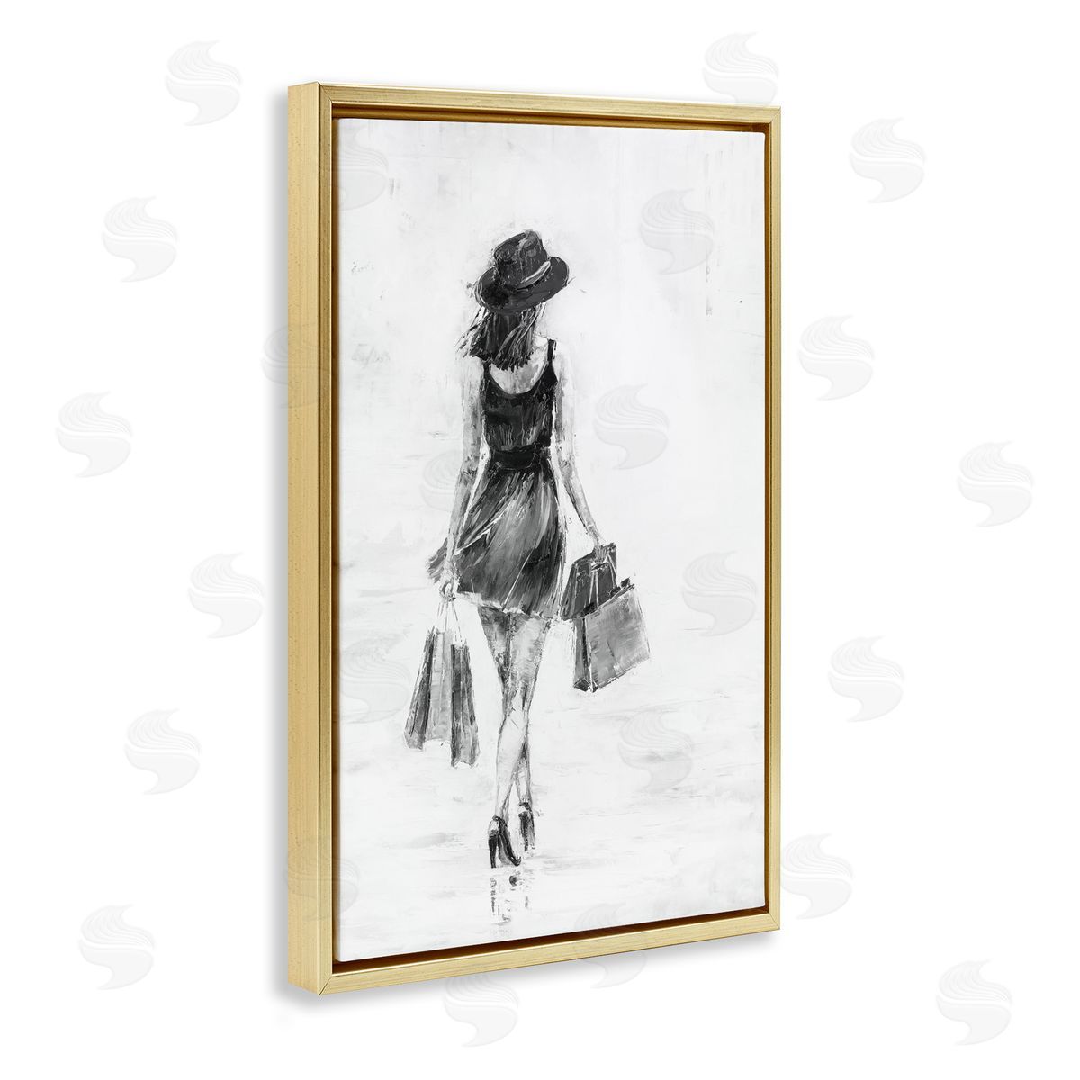 Girl with Shopping Bags Gold Floating Frame Canvas Wall Art, Home Decor by Joklanta Kowalik