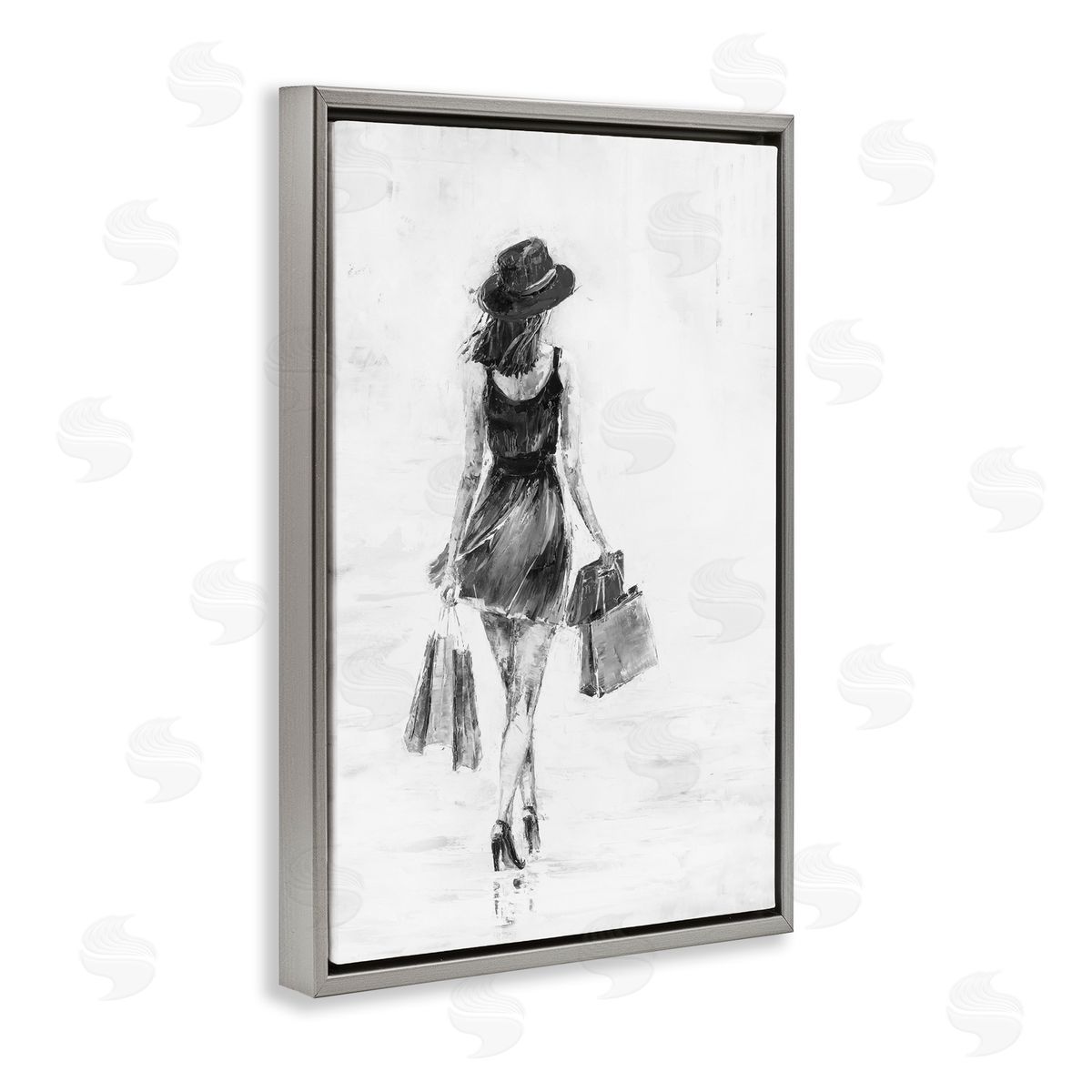Girl with Shopping Bags Grey Floating Frame Canvas Wall Art, Home Decor by Joklanta Kowalik