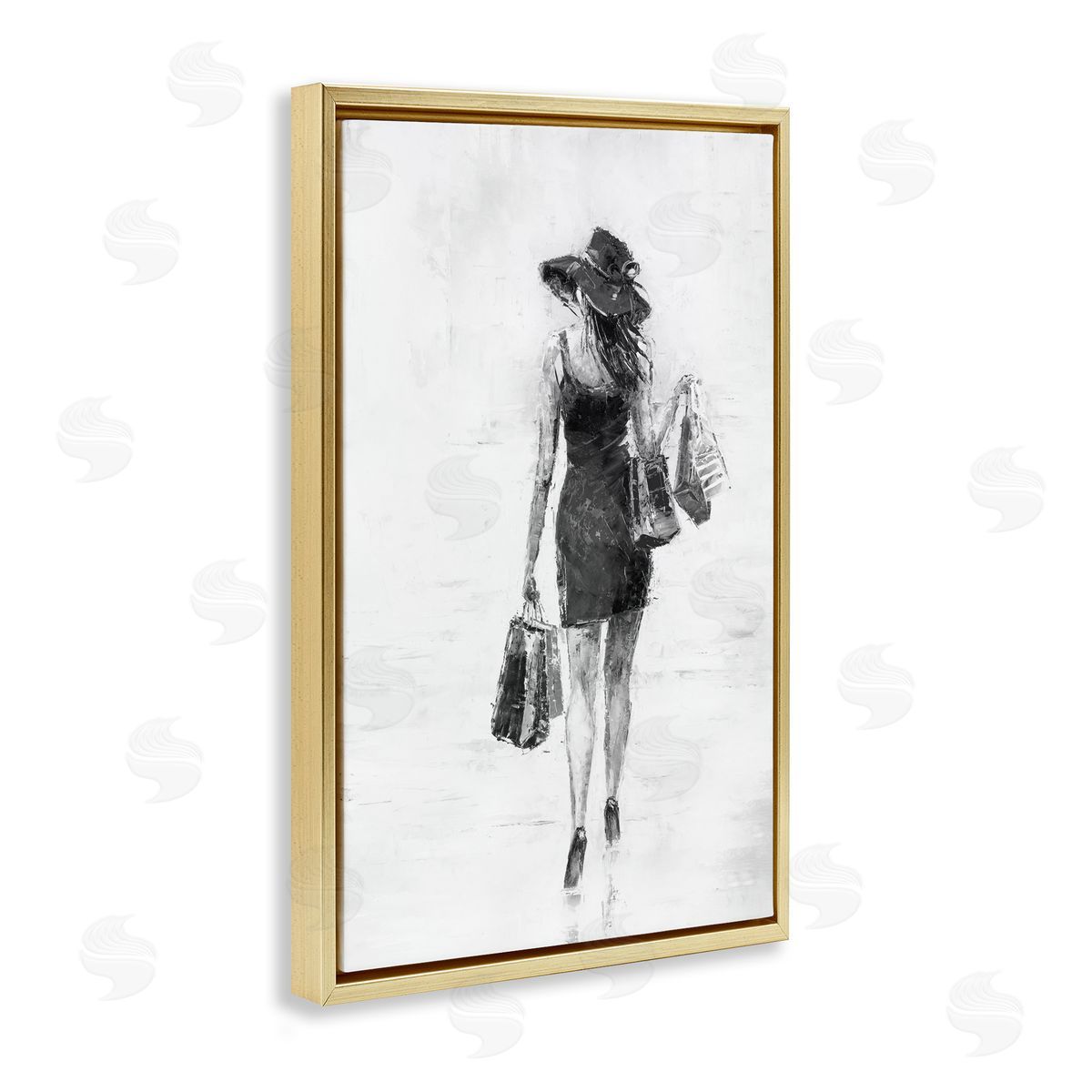 Glam Shopper Girl Gold Floating Frame Canvas Wall Art, Home Decor by Joklanta Kowalik