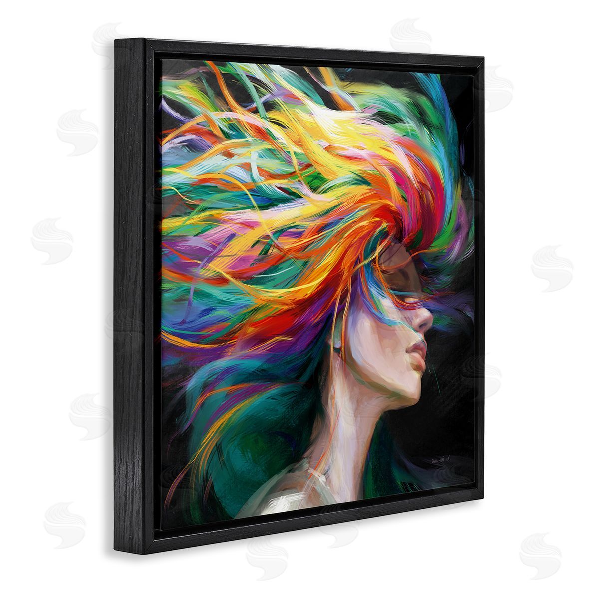 Danhui Nai Woman with Rainbow Hair Black Floating Frame Canvas Wall Art Print