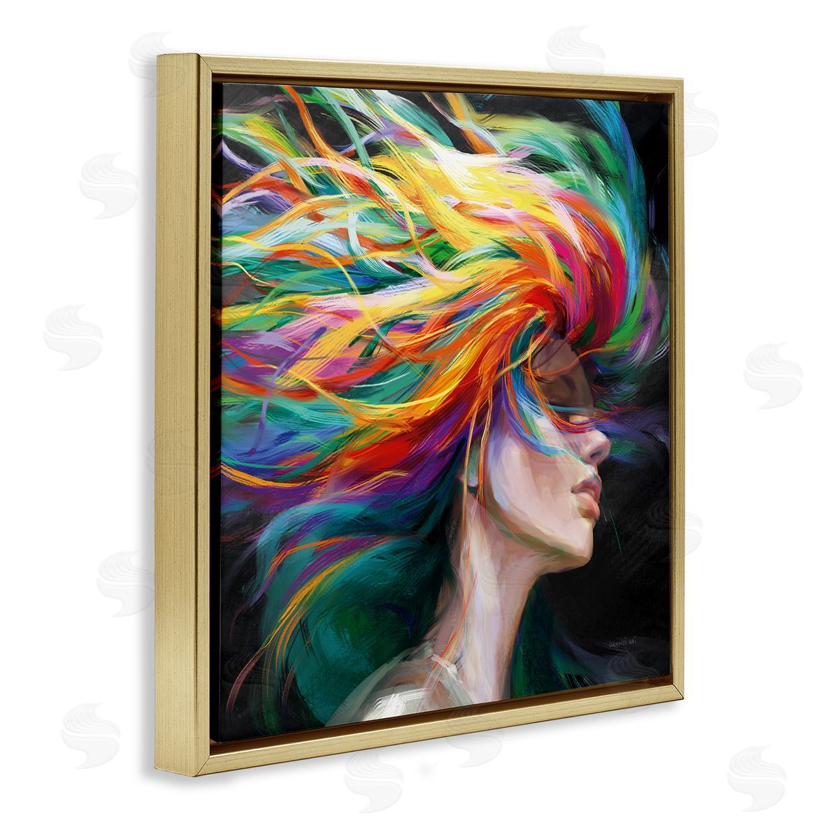 Danhui Nai Woman with Rainbow Hair Gold Floating Frame Canvas Wall Art Print