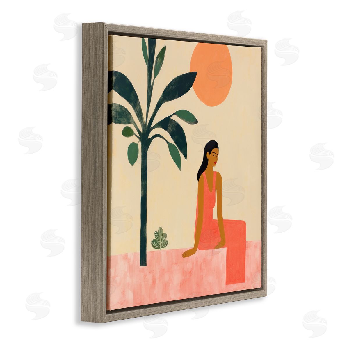 Lazar Studio Tropical Scene & Woman Brown Floating Frame Canvas Wall Art Print