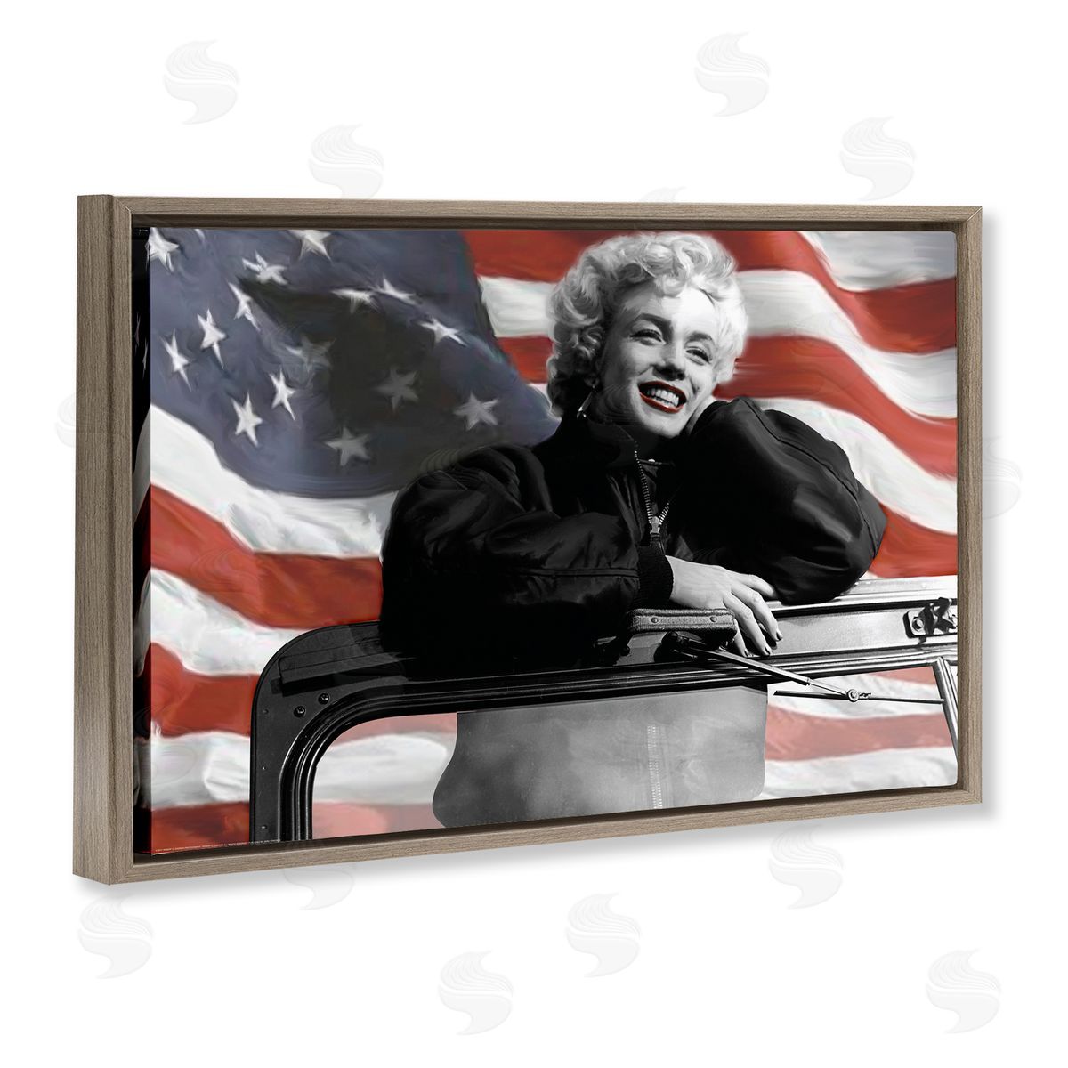 Jadei Graphics Marilyn & Waving Flag Brown Floating Frame Canvas Wall Art Print