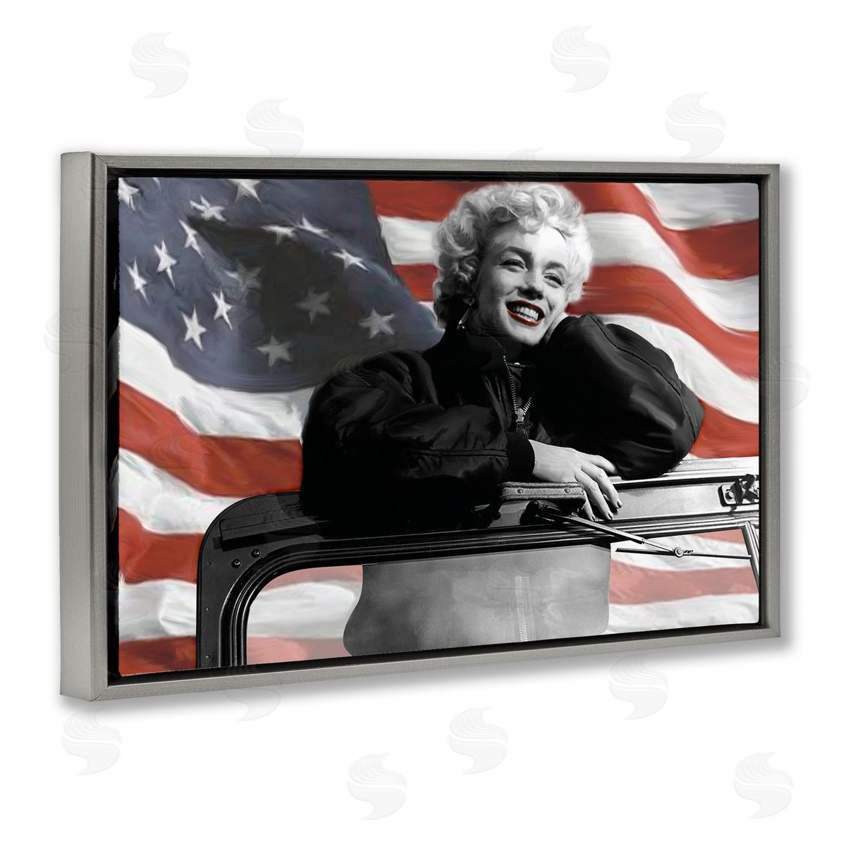 Jadei Graphics Marilyn & Waving Flag Gray Floating Frame Canvas Wall Art Print
