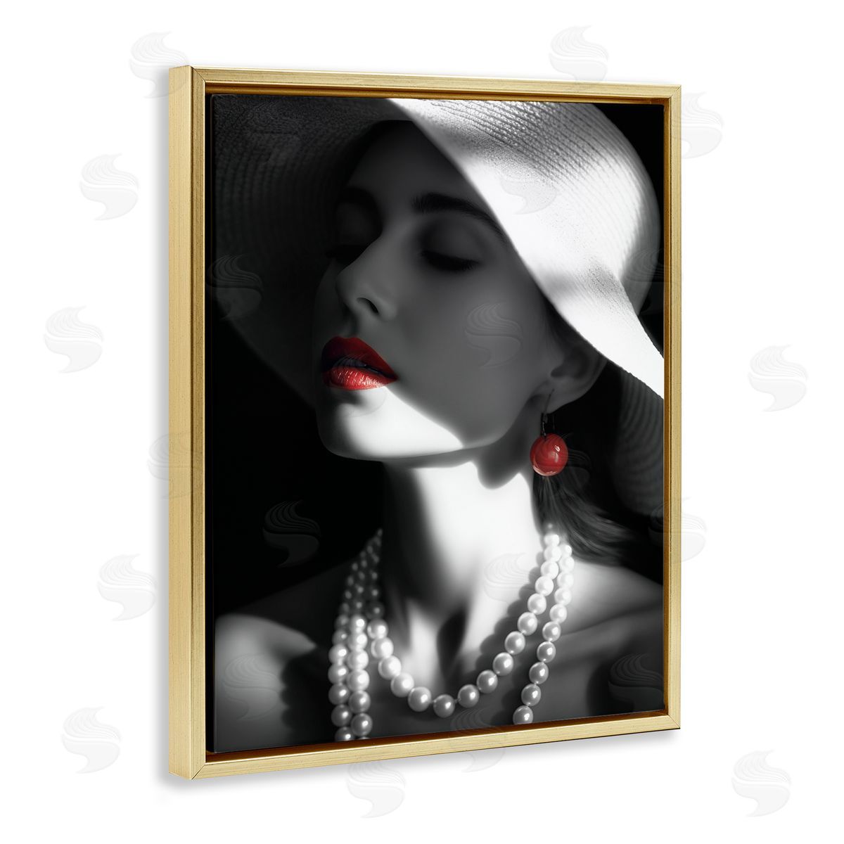 Red Lipstick Fashionista Gold Floating Frame Canvas Wall Art, Home Decor by Ziwei Li