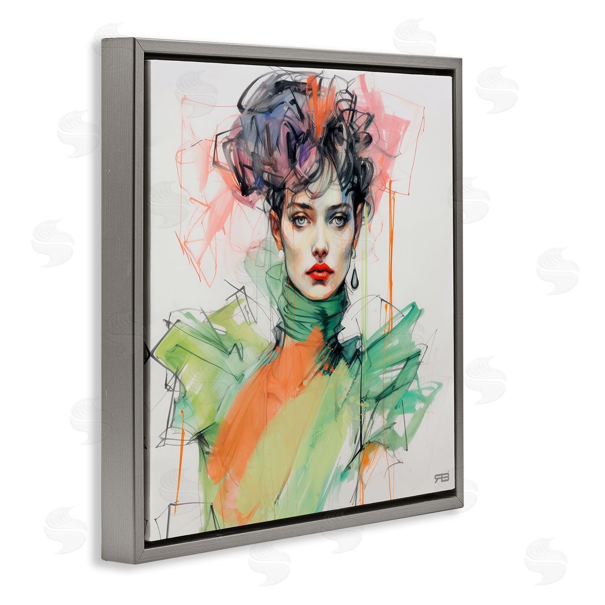 RB Trendy Glam Portrait Gray Floating Frame Canvas Wall Art Print