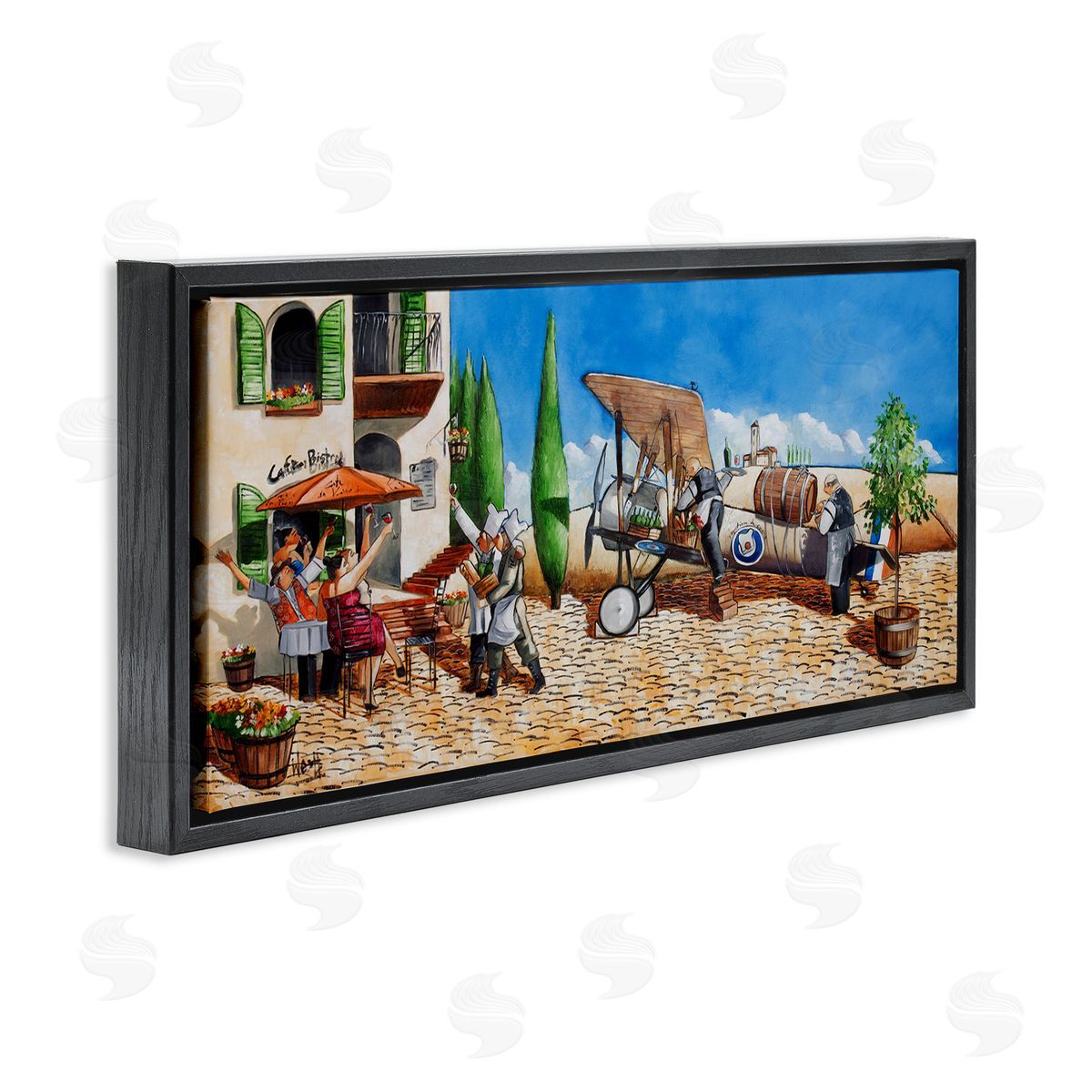 Café and Airplane Scene Black Floating Frame Canvas Wall Art, Home Decor by Ronald West