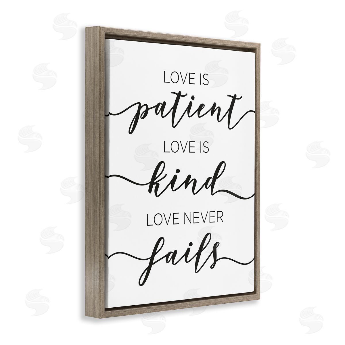 Love Never Fails Phrase Brown Floating Frame Canvas Wall Art, Home Decor by Anna Quach