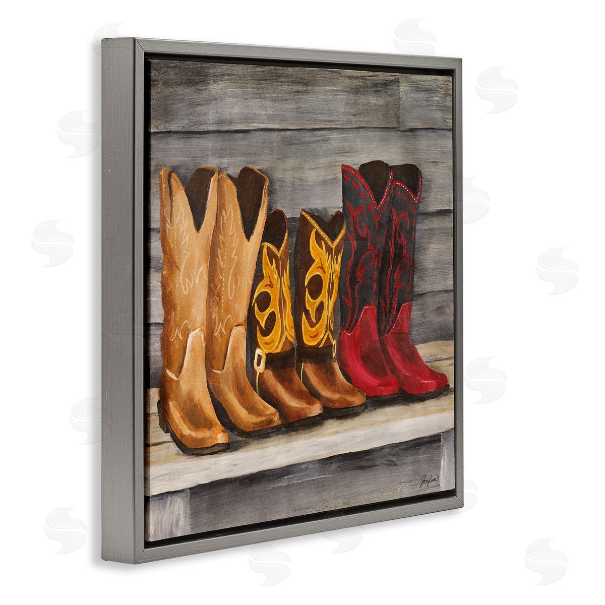 Josefina Lined Up Cowboy Boots Gray Floating Frame Canvas Wall Art Print