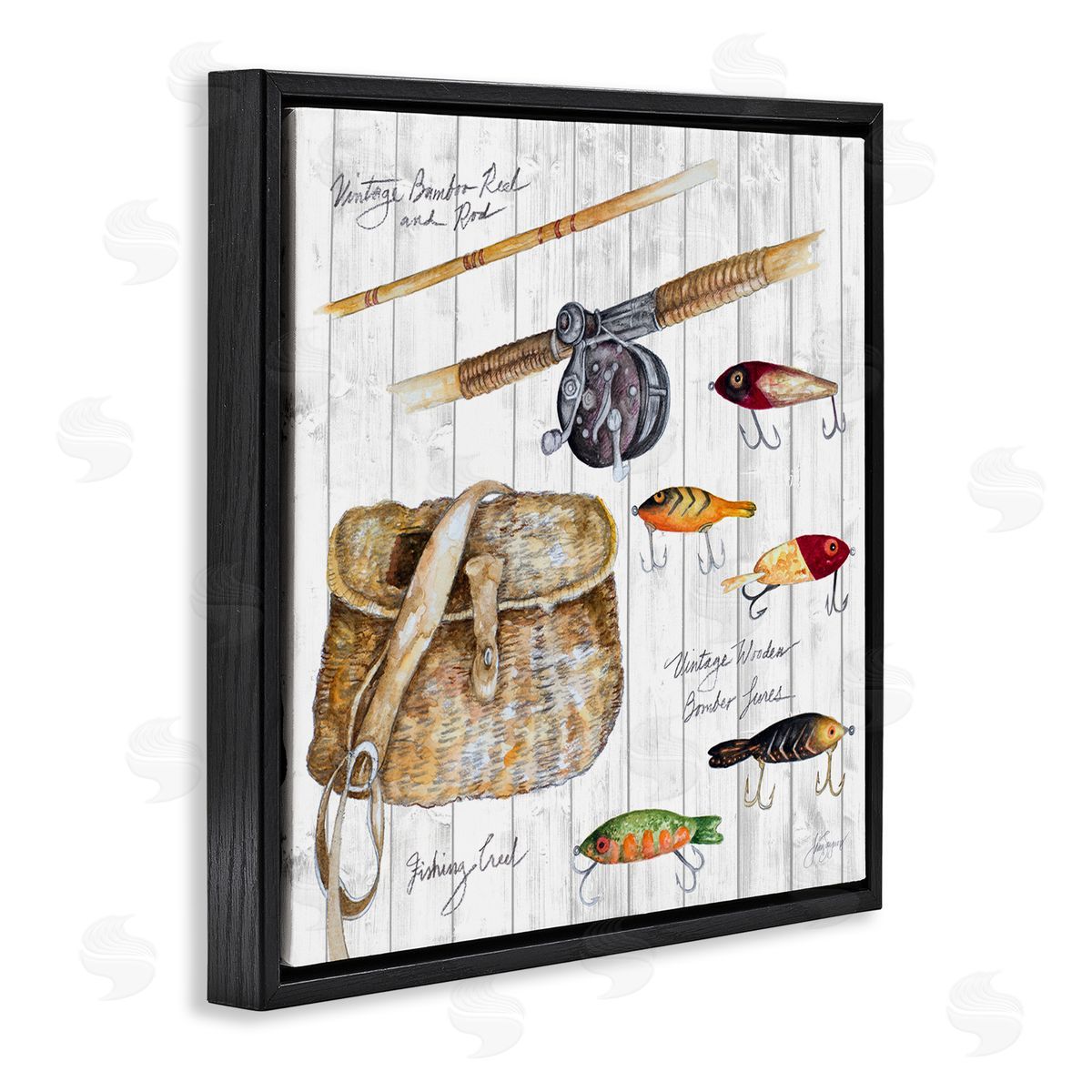 Janice Gaynor Fishing Tackle Box Black Floating Frame Canvas Wall Art Print