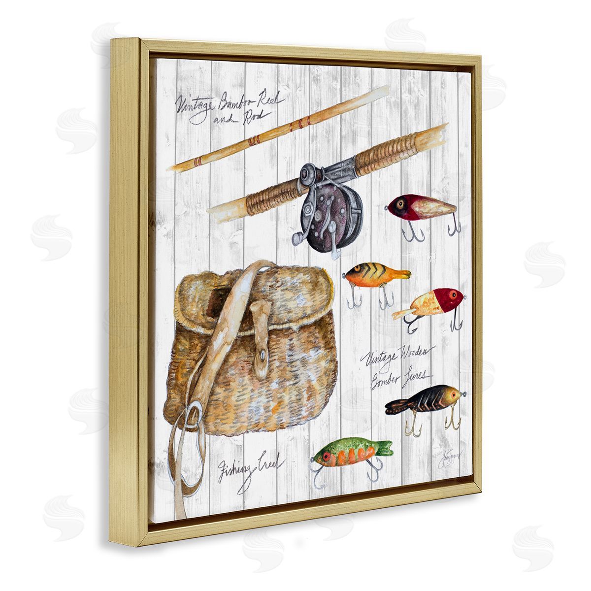Janice Gaynor Fishing Tackle Box Gold Floating Frame Canvas Wall Art Print