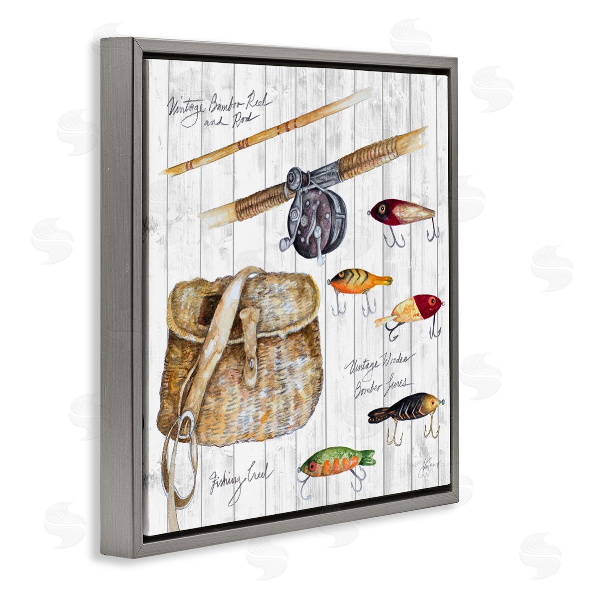 Janice Gaynor Fishing Tackle Box Gray Floating Frame Canvas Wall Art Print