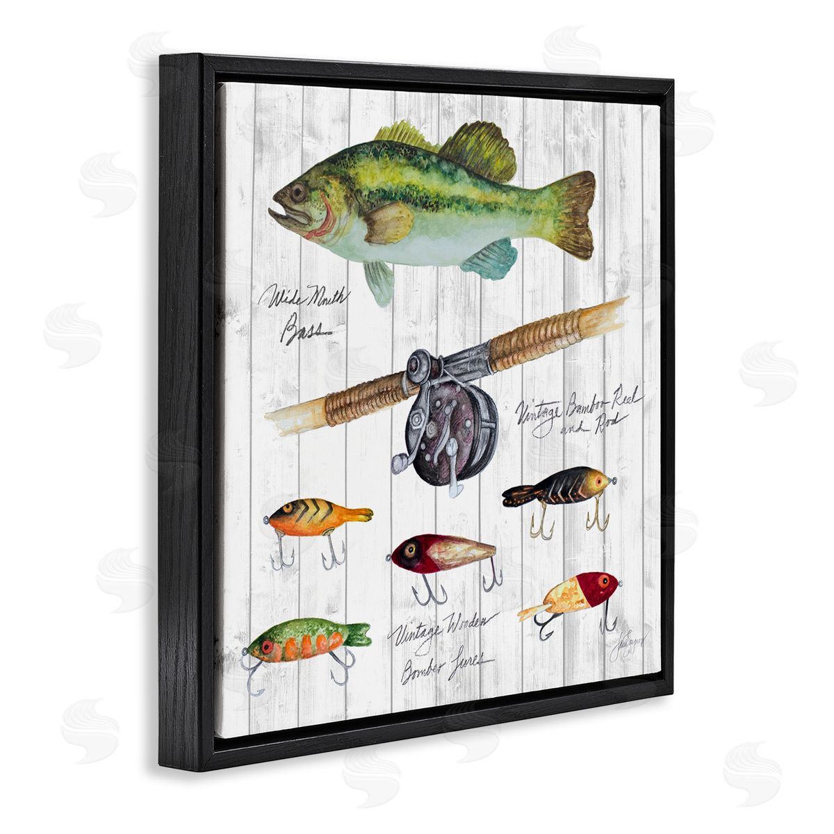 Janice Gaynor Fishing Lure Diagram Black Floating Frame Canvas Wall Art Print