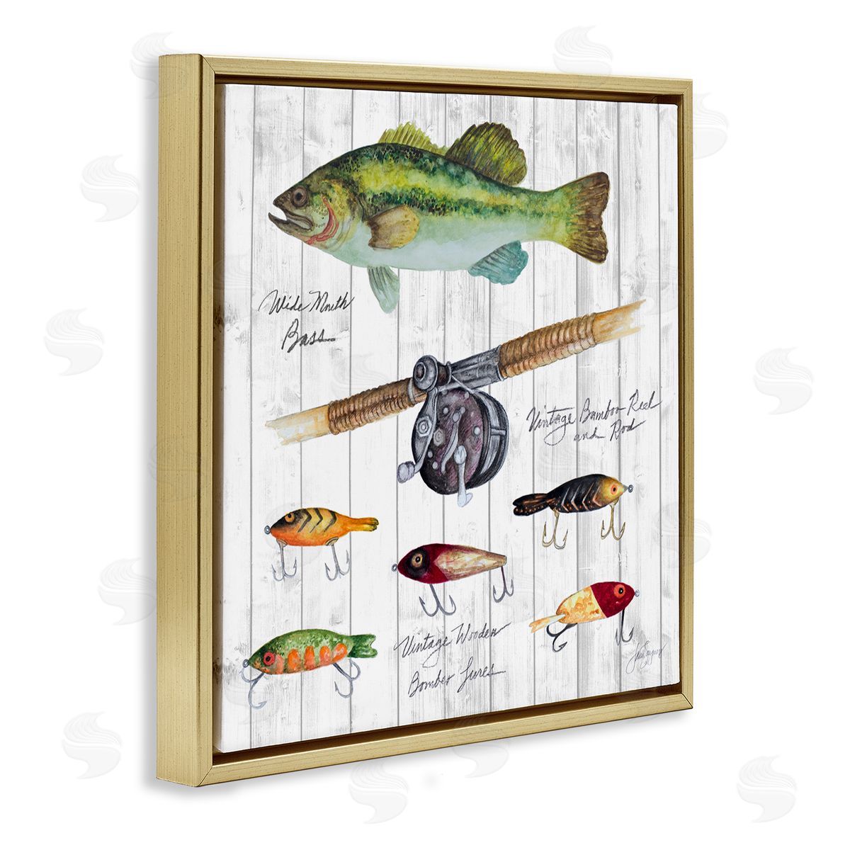 Janice Gaynor Fishing Lure Diagram Gold Floating Frame Canvas Wall Art Print