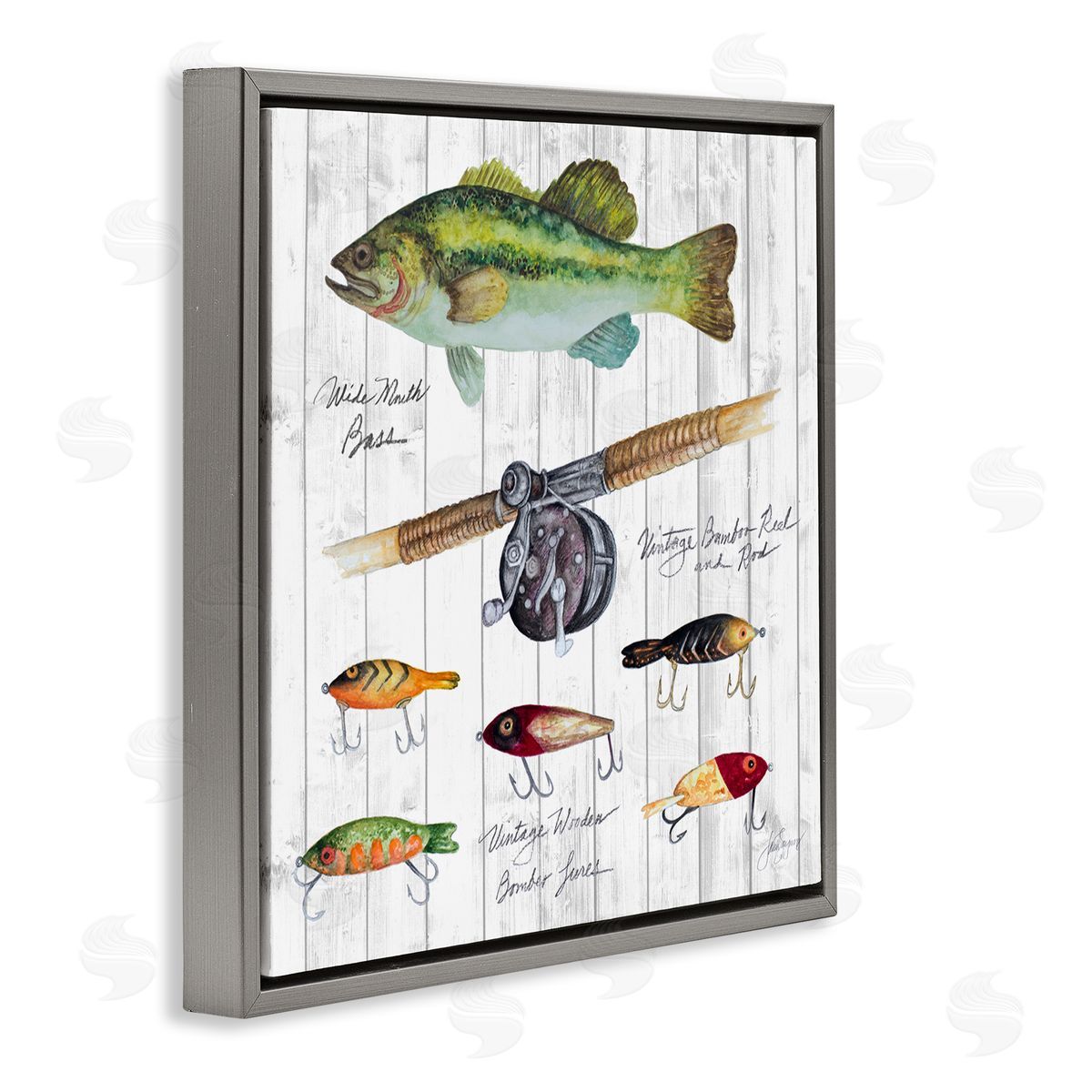 Janice Gaynor Fishing Lure Diagram Gray Floating Frame Canvas Wall Art Print