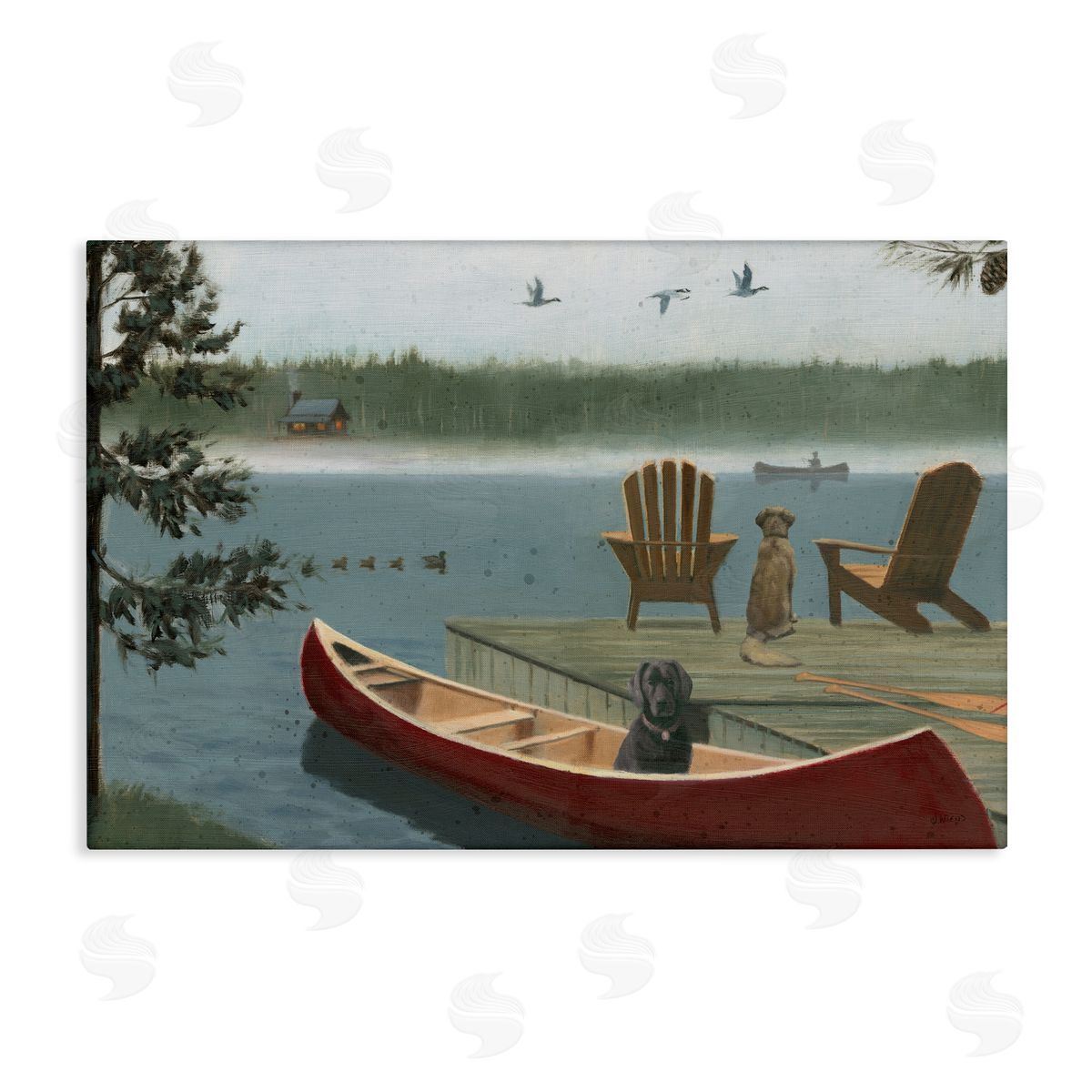 James Wiens Dogs on Lake Dock Canvas Wall Art Print
