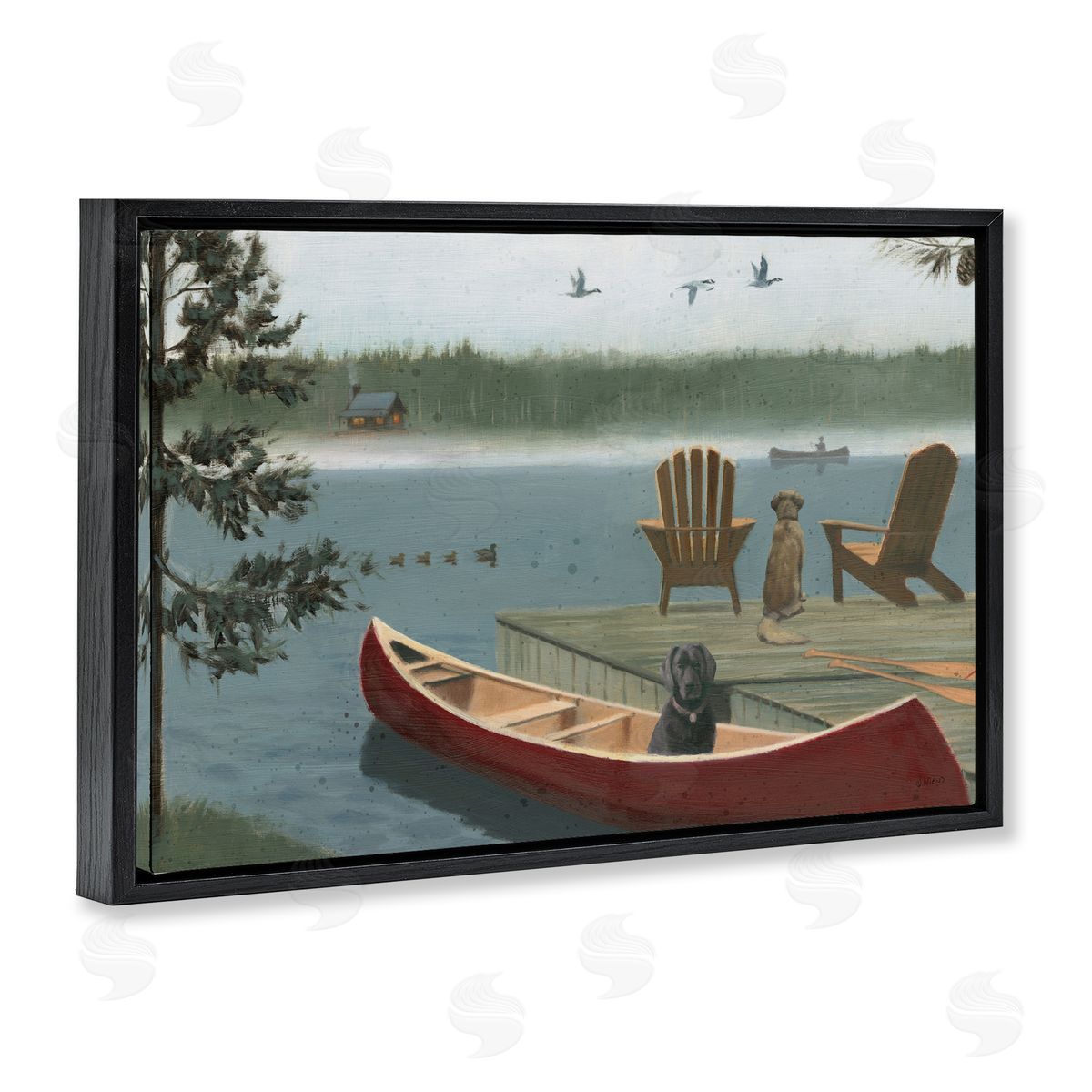 James Wiens Dogs on Lake Dock Black Floating Frame Canvas Wall Art Print