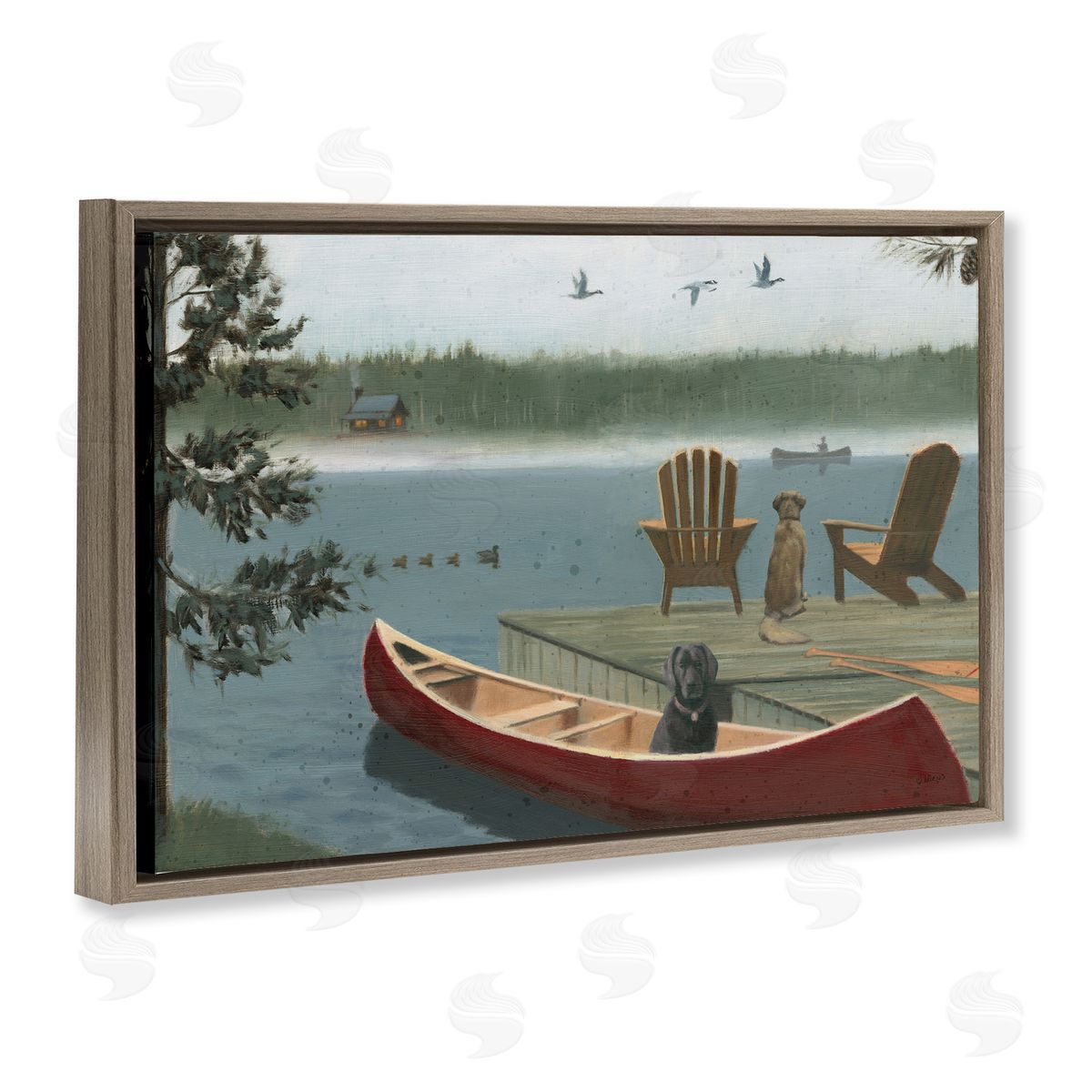 James Wiens Dogs on Lake Dock Brown Floating Frame Canvas Wall Art Print