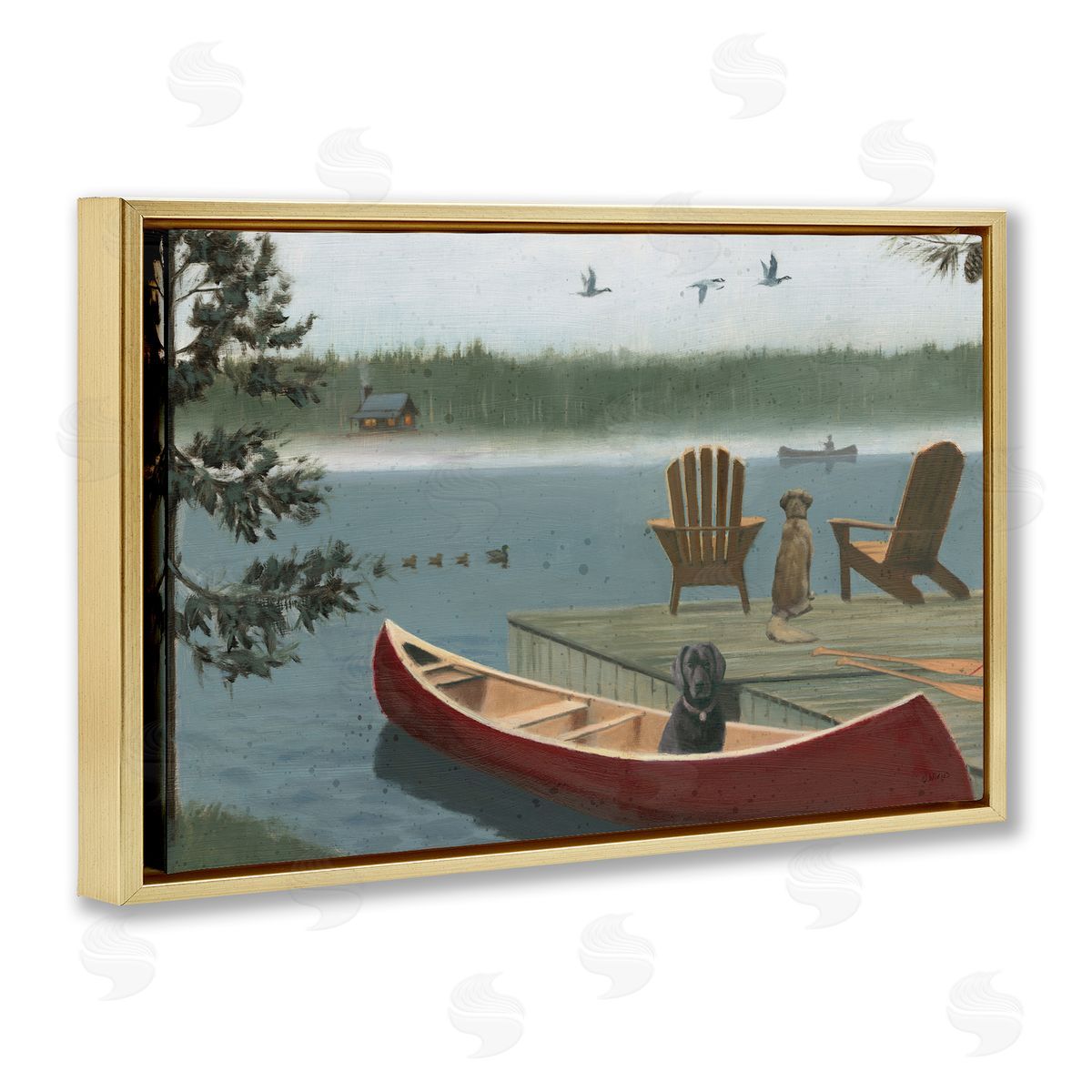 James Wiens Dogs on Lake Dock Gold Floating Frame Canvas Wall Art Print