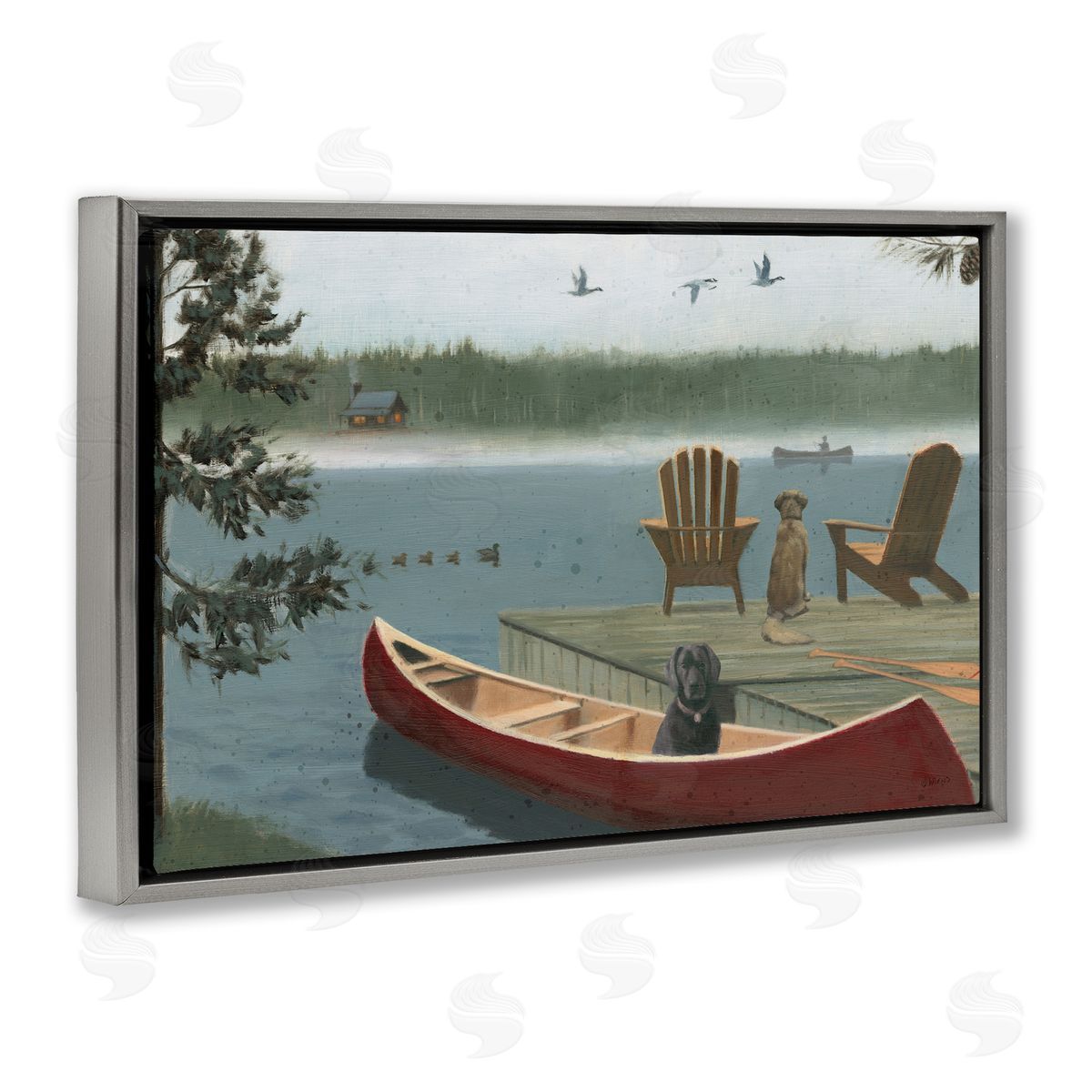 James Wiens Dogs on Lake Dock Gray Floating Frame Canvas Wall Art Print