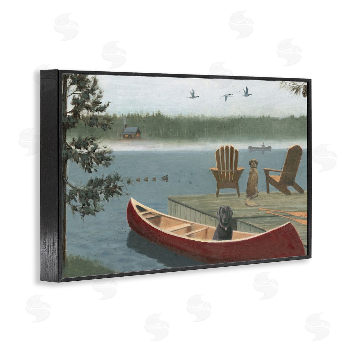 James Wiens Dogs on Lake Dock Black Framed Giclee Wall Art Print