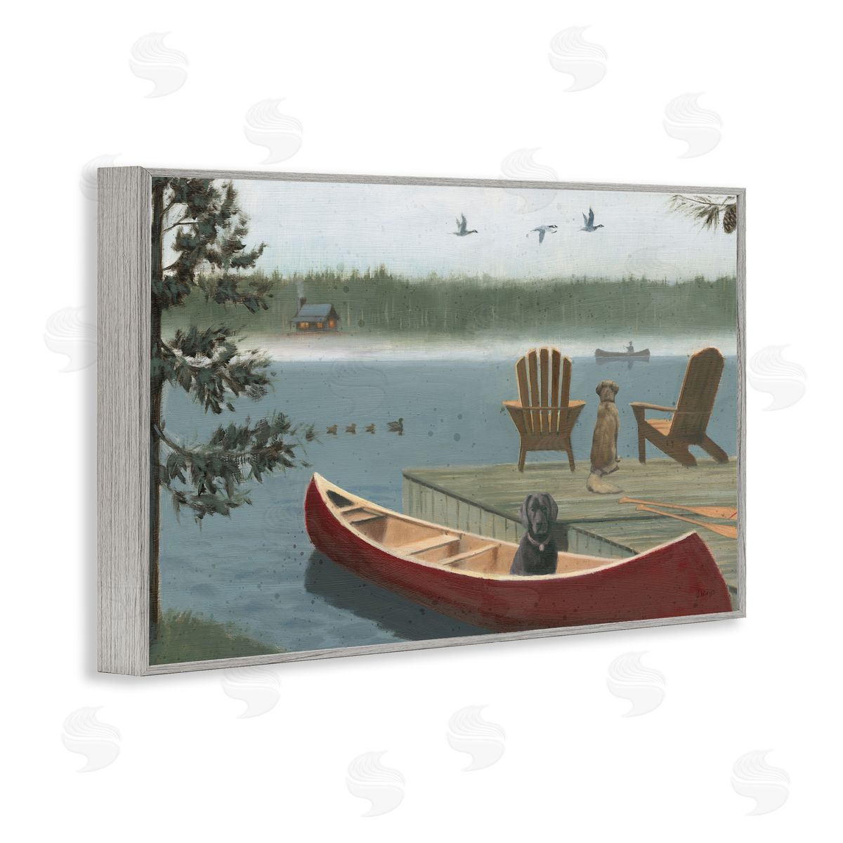 James Wiens Dogs on Lake Dock Gray Framed Giclee Wall Art Print