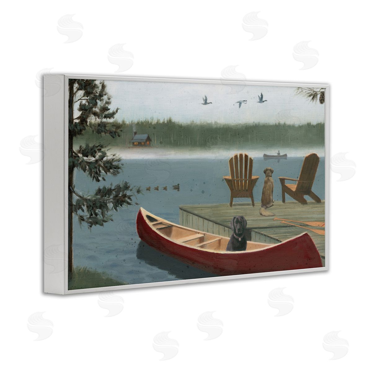 James Wiens Dogs on Lake Dock White Framed Giclee Wall Art Print