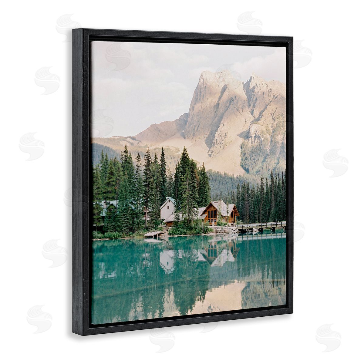 Lakeside Cabin Landscape Black Floating Frame Canvas Wall Art, Home Decor by Justine Milton