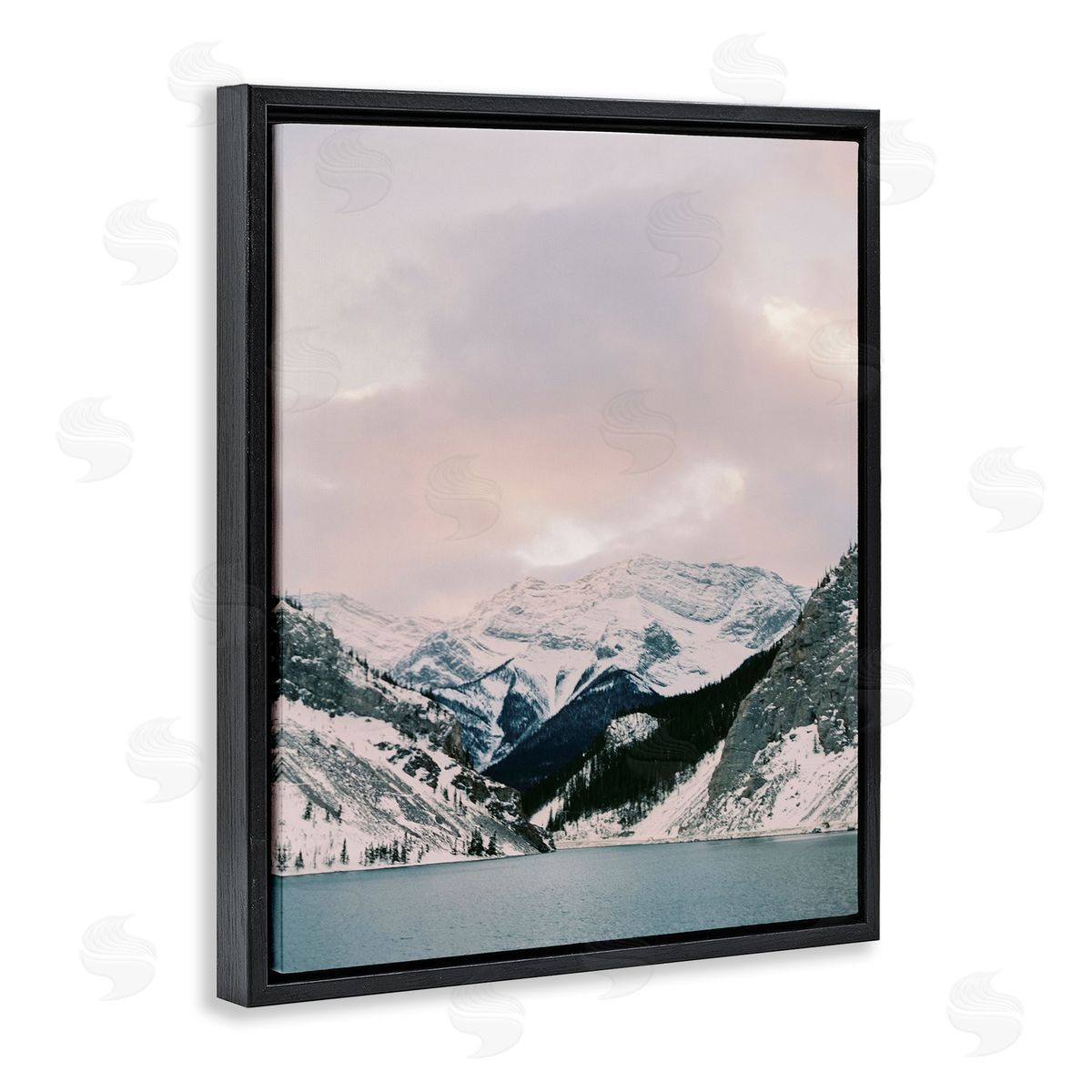 Snowy Peaks Seascape Black Floating Frame Canvas Wall Art, Home Decor by Justine Milton