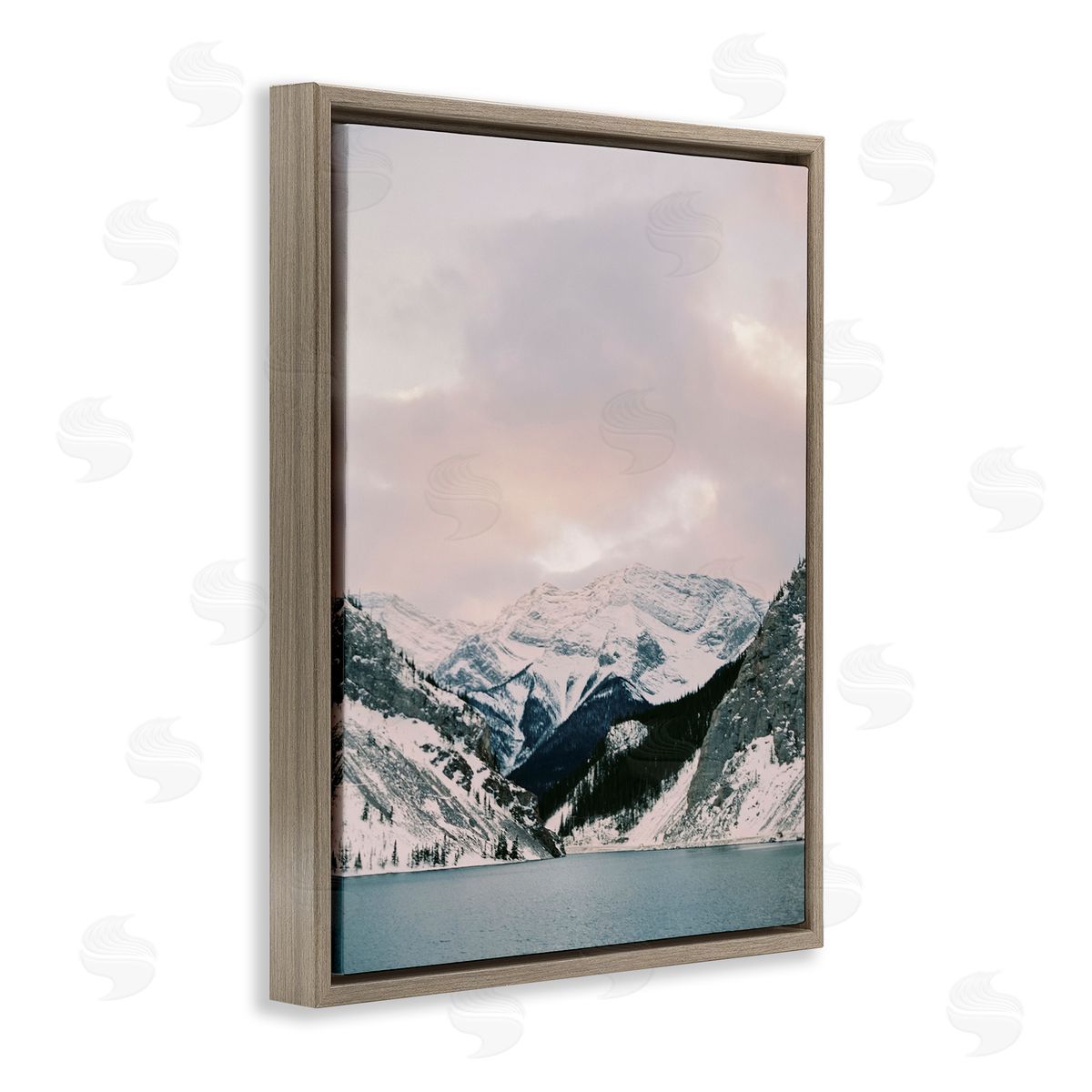Snowy Peaks Seascape Brown Floating Frame Canvas Wall Art, Home Decor by Justine Milton