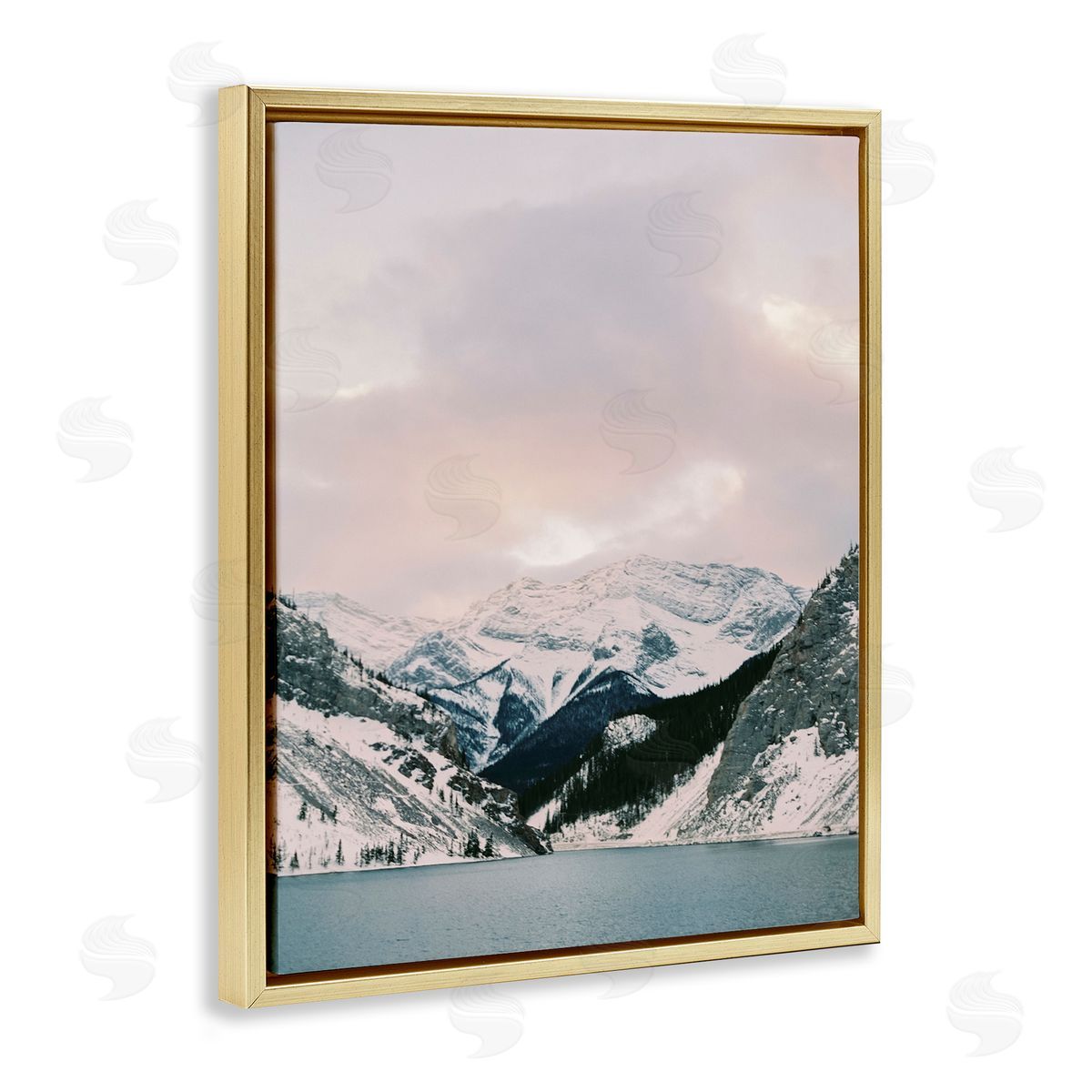 Snowy Peaks Seascape Gold Floating Frame Canvas Wall Art, Home Decor by Justine Milton