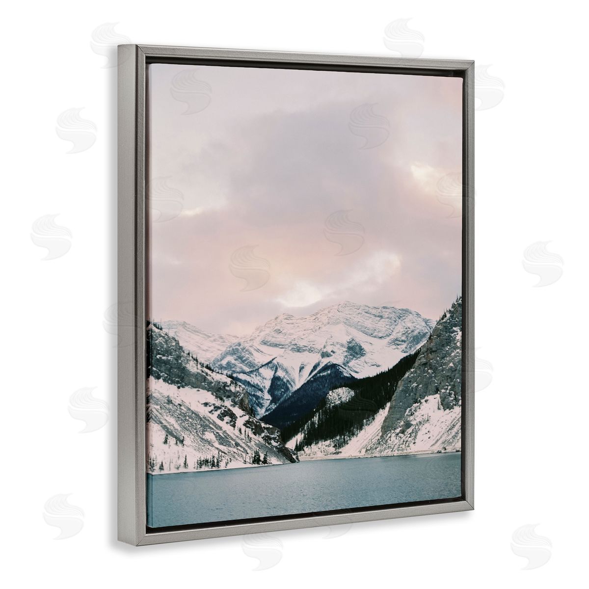 Snowy Peaks Seascape Grey Floating Frame Canvas Wall Art, Home Decor by Justine Milton