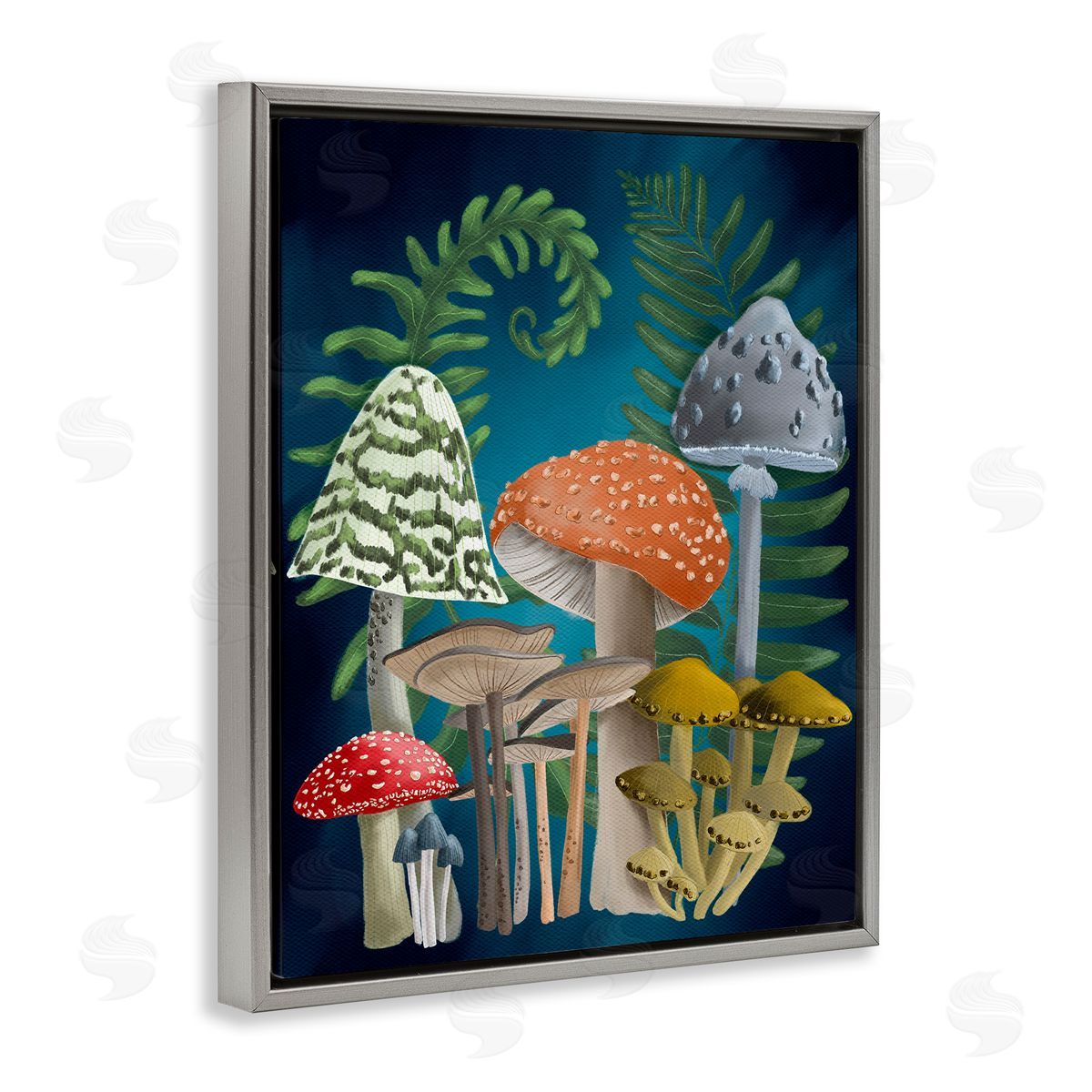 Curling Ferns and Mushrooms Grey Floating Frame Canvas Wall Art, Home Decor by Regina Moore