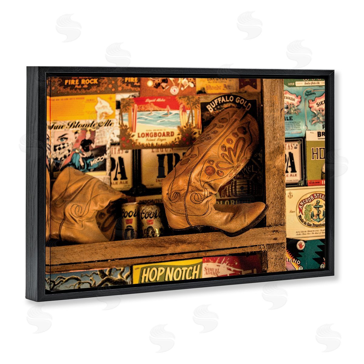 Western Boots on Shelf Black Floating Frame Canvas Wall Art, Home Decor by JG Studios
