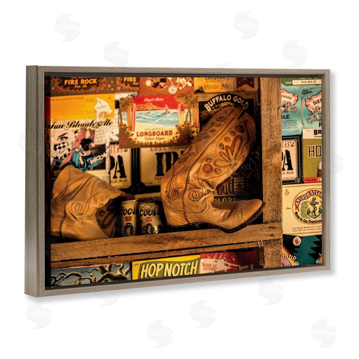 Western Boots on Shelf Brown Floating Frame Canvas Wall Art, Home Decor by JG Studios