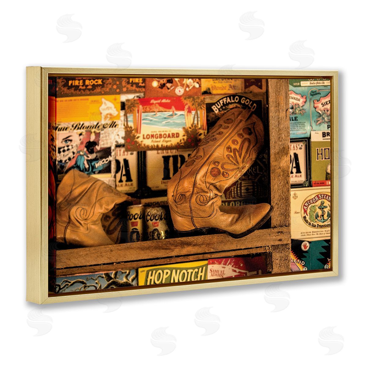 Western Boots on Shelf Gold Floating Frame Canvas Wall Art, Home Decor by JG Studios