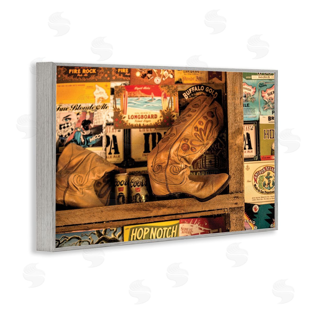 Western Boots on Shelf Grey Frame Print Wall Art, Home Decor by JG Studios