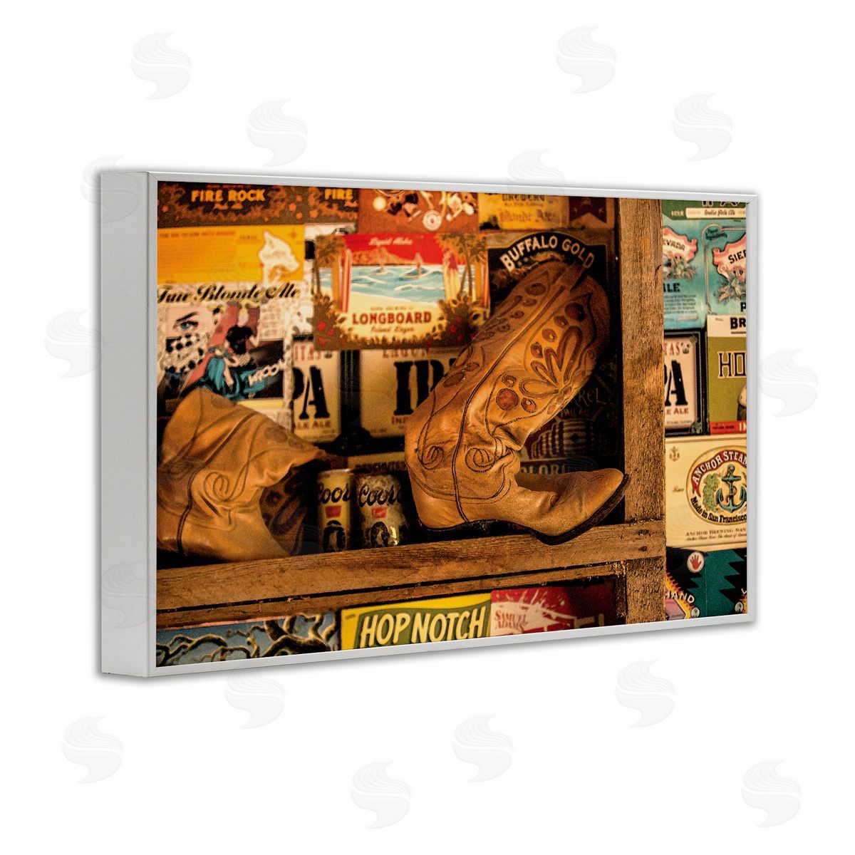 Western Boots on Shelf White Frame Print Wall Art, Home Decor by JG Studios