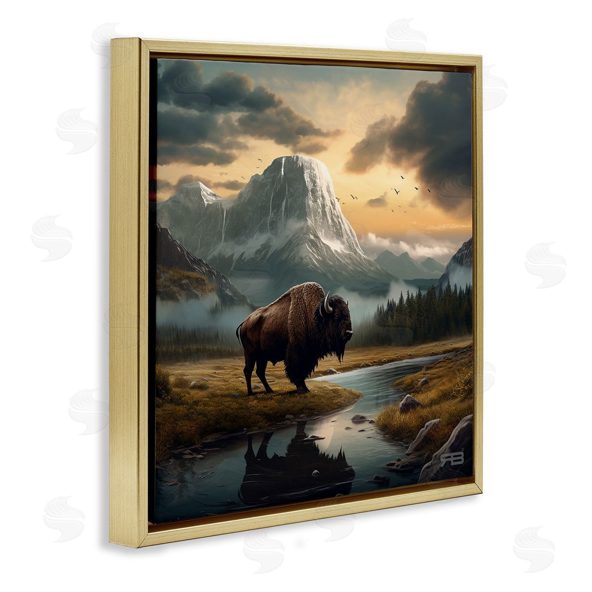 RB Bison & Vast Mountains Gold Floating Frame Canvas Wall Art Print