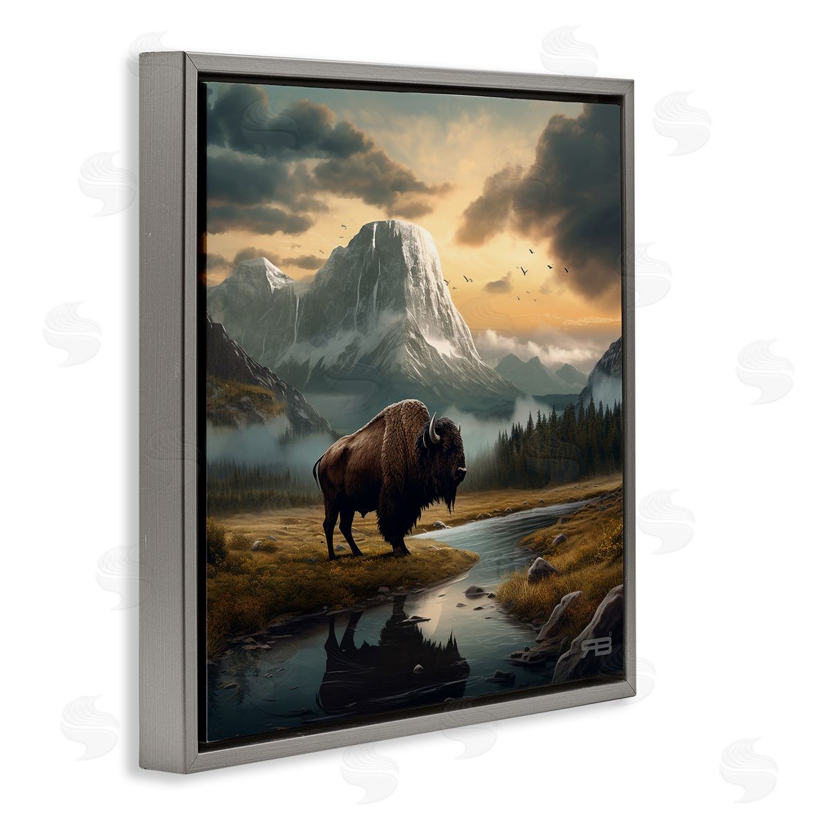 RB Bison & Vast Mountains Gray Floating Frame Canvas Wall Art Print