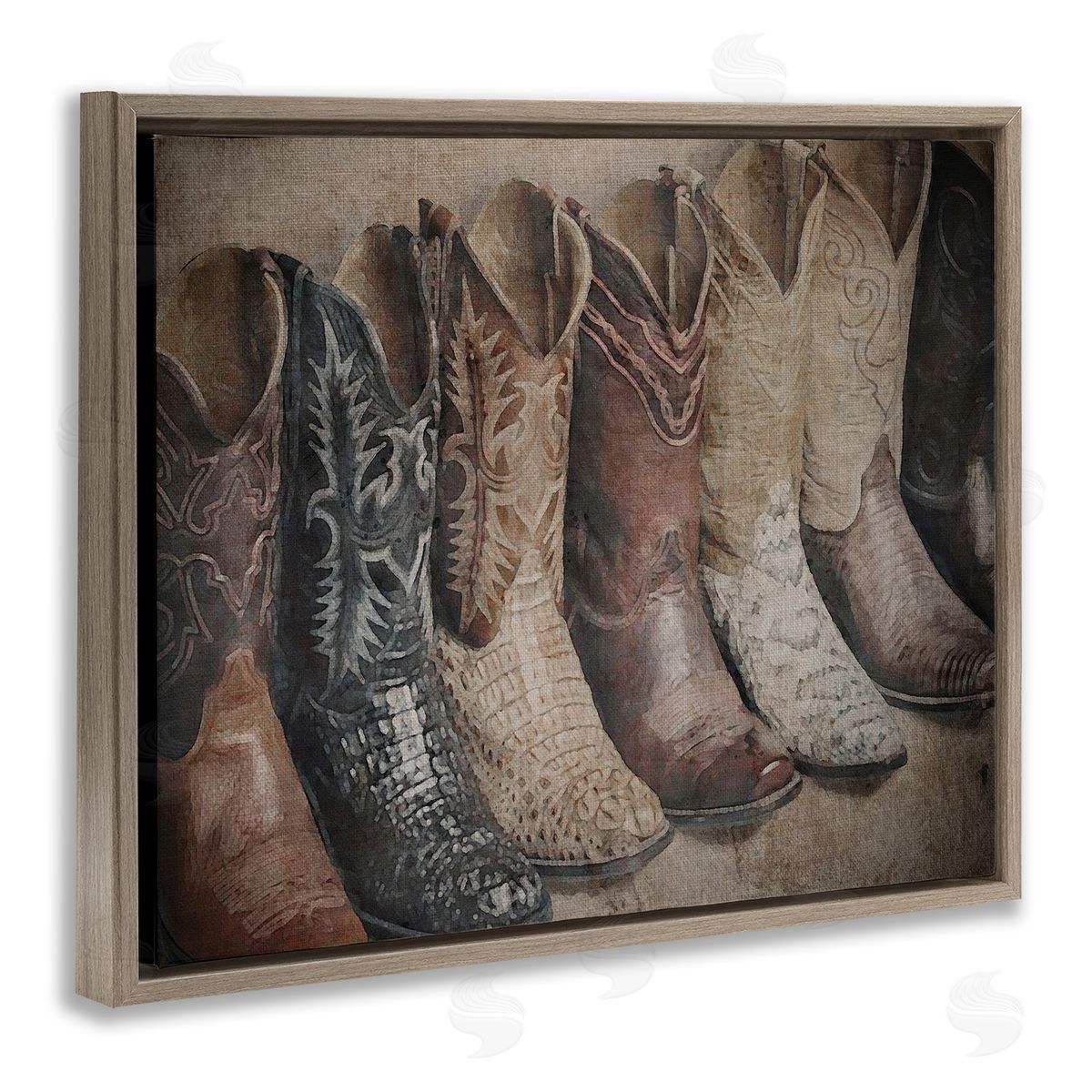 Texan Lineup Boots Brown Floating Frame Canvas Wall Art, Home Decor by RileyB
