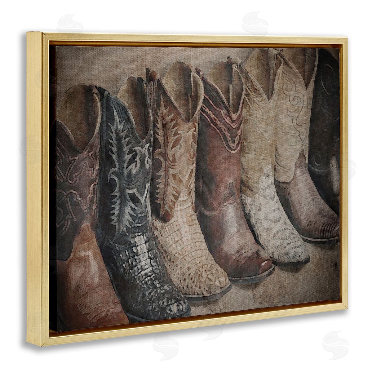 Texan Lineup Boots Gold Floating Frame Canvas Wall Art, Home Decor by RileyB