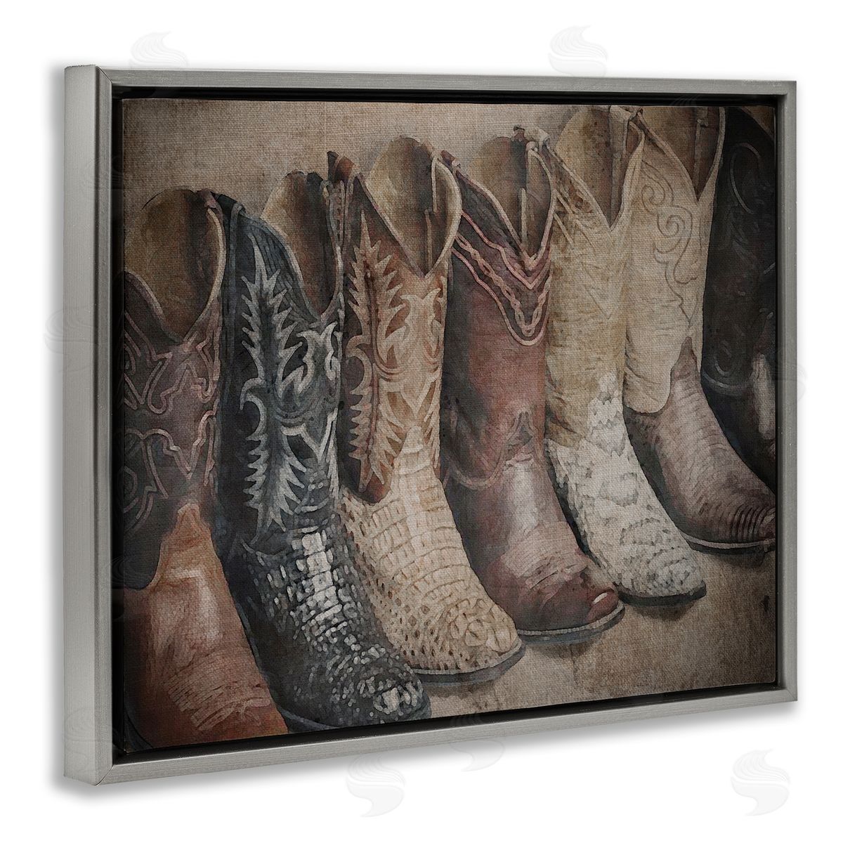Texan Lineup Boots Grey Floating Frame Canvas Wall Art, Home Decor by RileyB