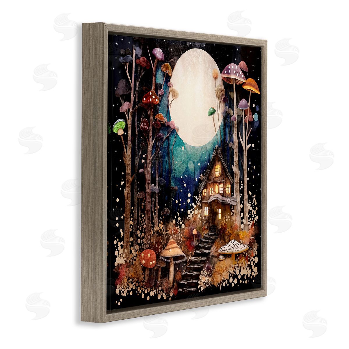 Sasha Whimsical Mushroom Cottage Brown Floating Frame Canvas Wall Art Print