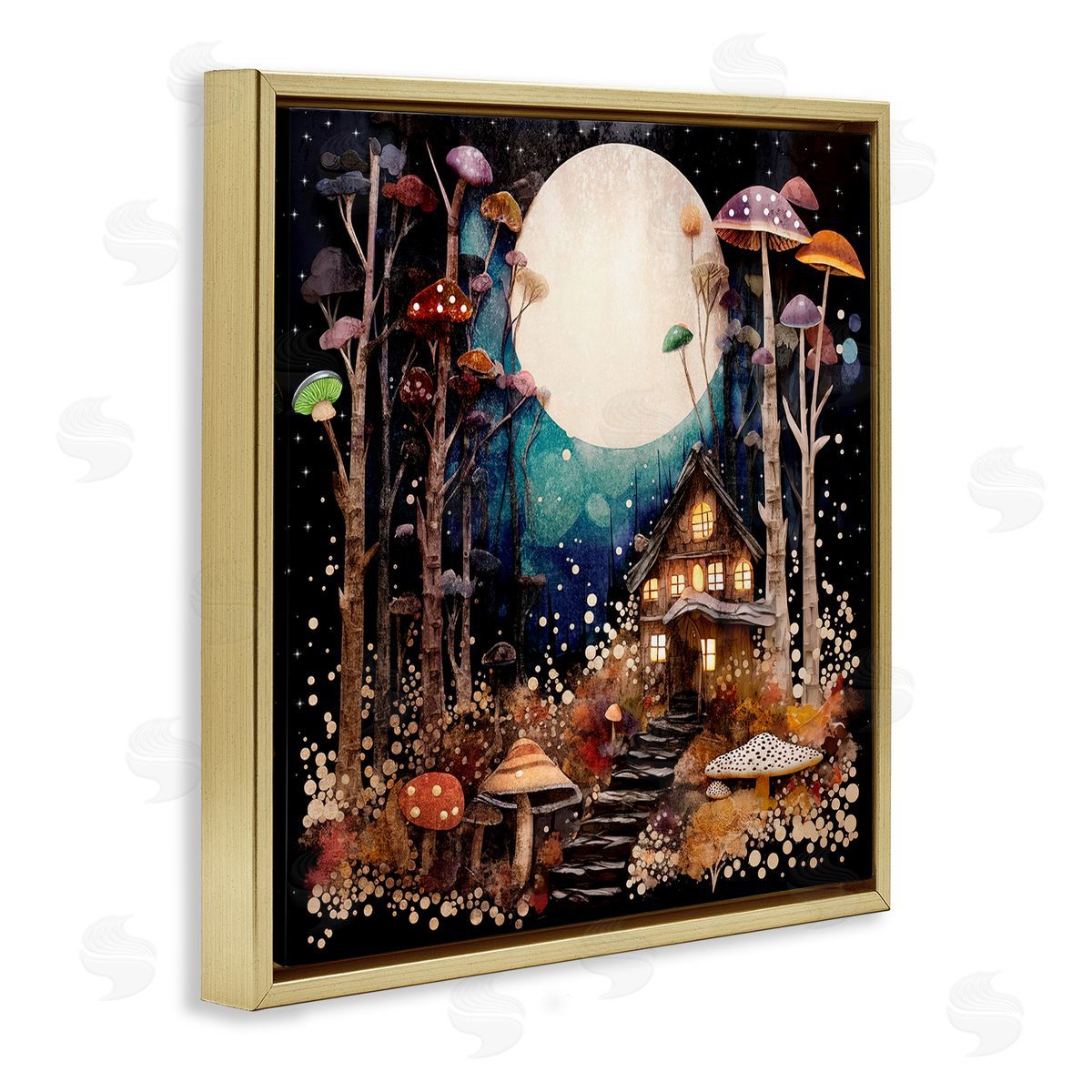Sasha Whimsical Mushroom Cottage Gold Floating Frame Canvas Wall Art Print